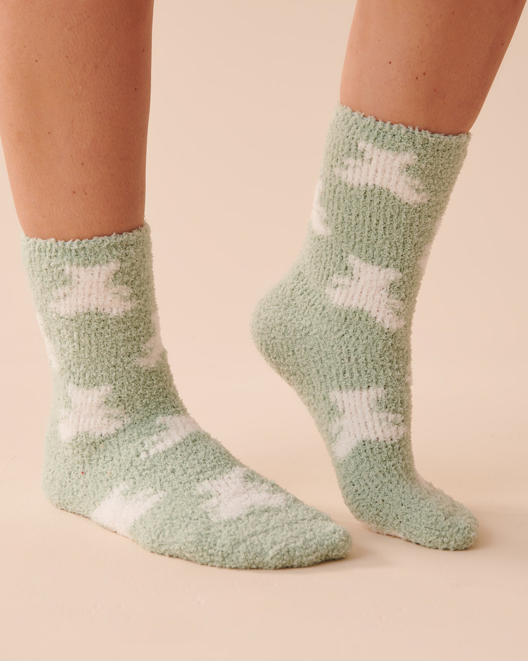 LA VIE EN ROSE Ens. de 2 paires de bas en chenille recyclée Carreaux/ Oursons menthe 40700287 - Voir1