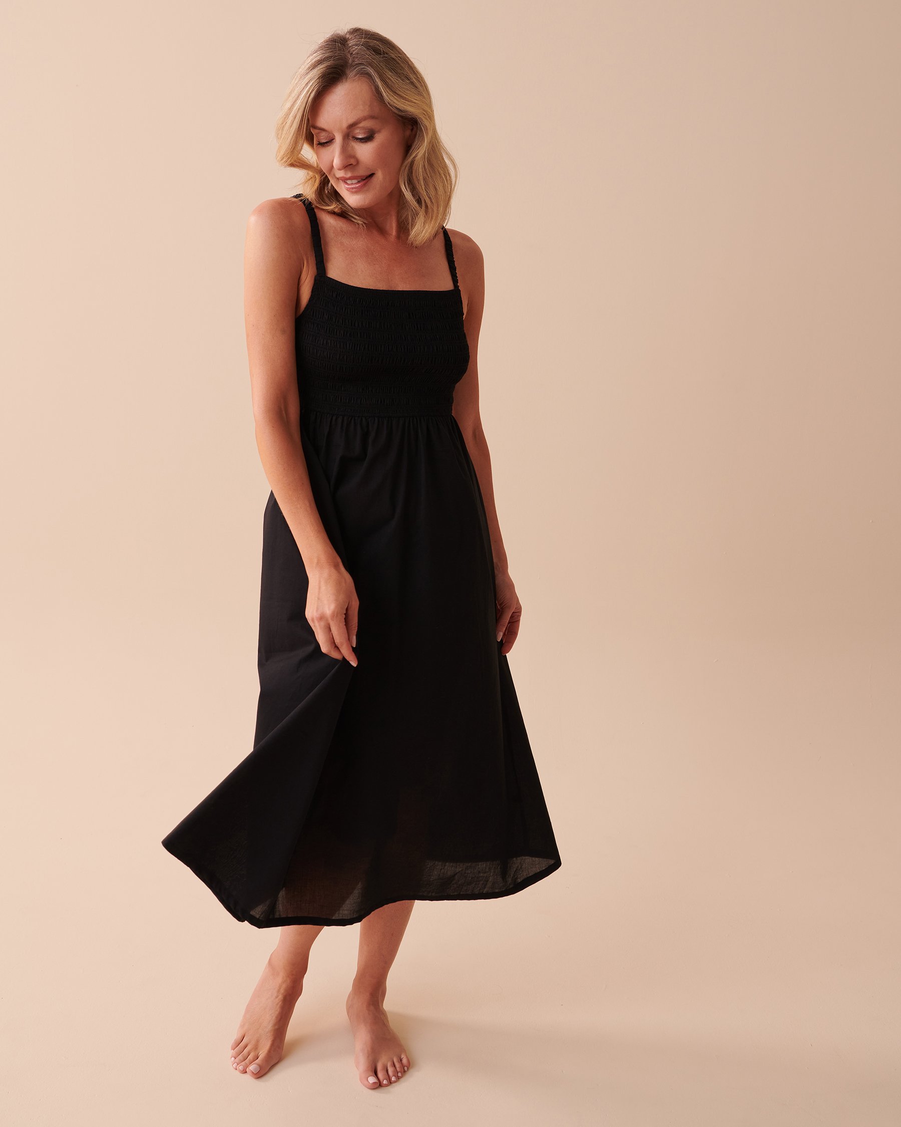 LA VIE EN ROSE AQUA Robe maxi en coton buste nid-d'abeilles Noir 80300077 - View1