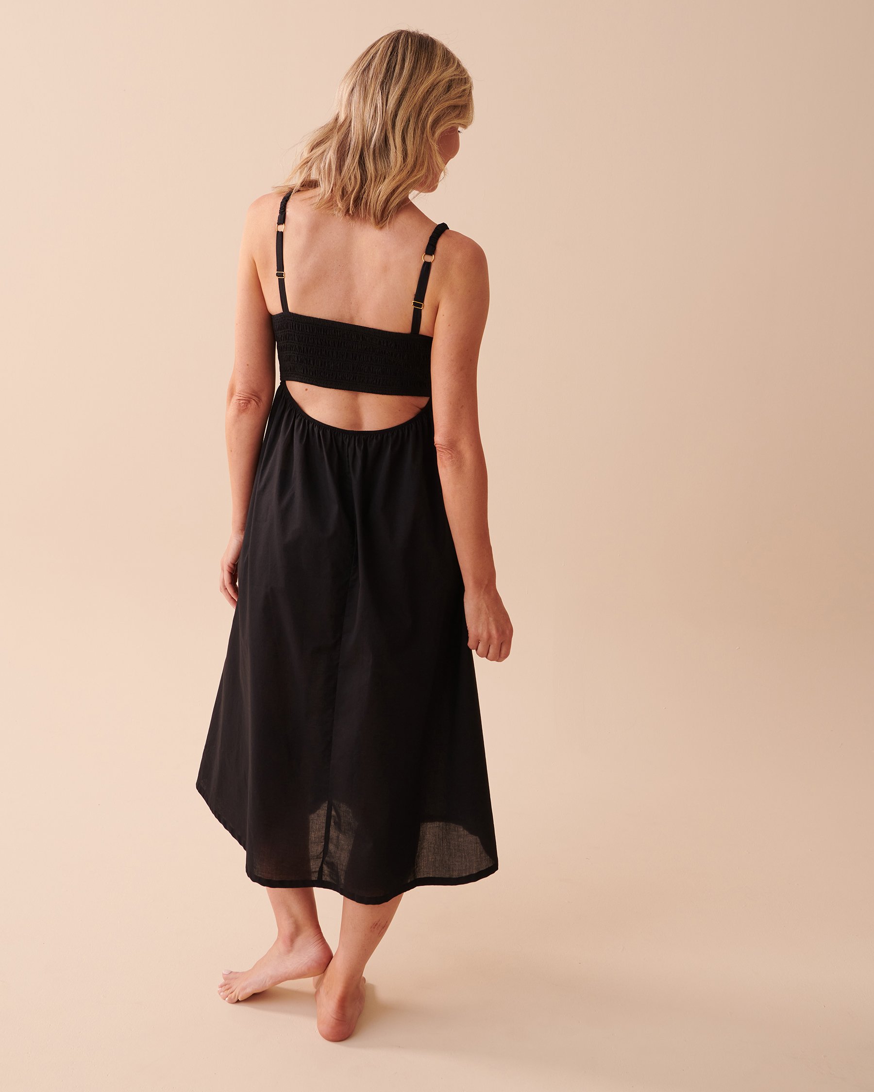 LA VIE EN ROSE AQUA Robe maxi en coton buste nid-d'abeilles Noir 80300077 - View2