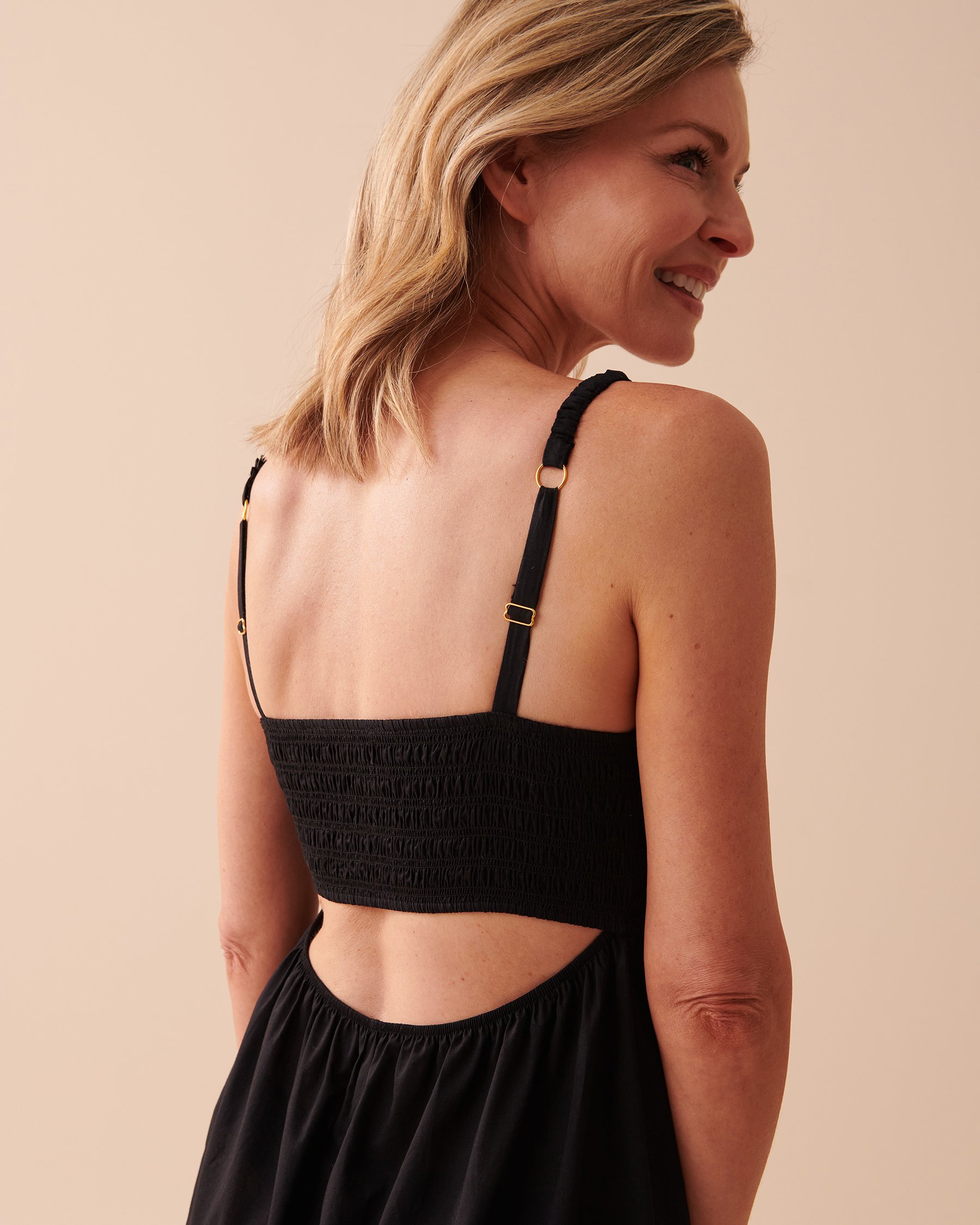 LA VIE EN ROSE AQUA Robe maxi en coton buste nid-d'abeilles Noir 80300077 - View3