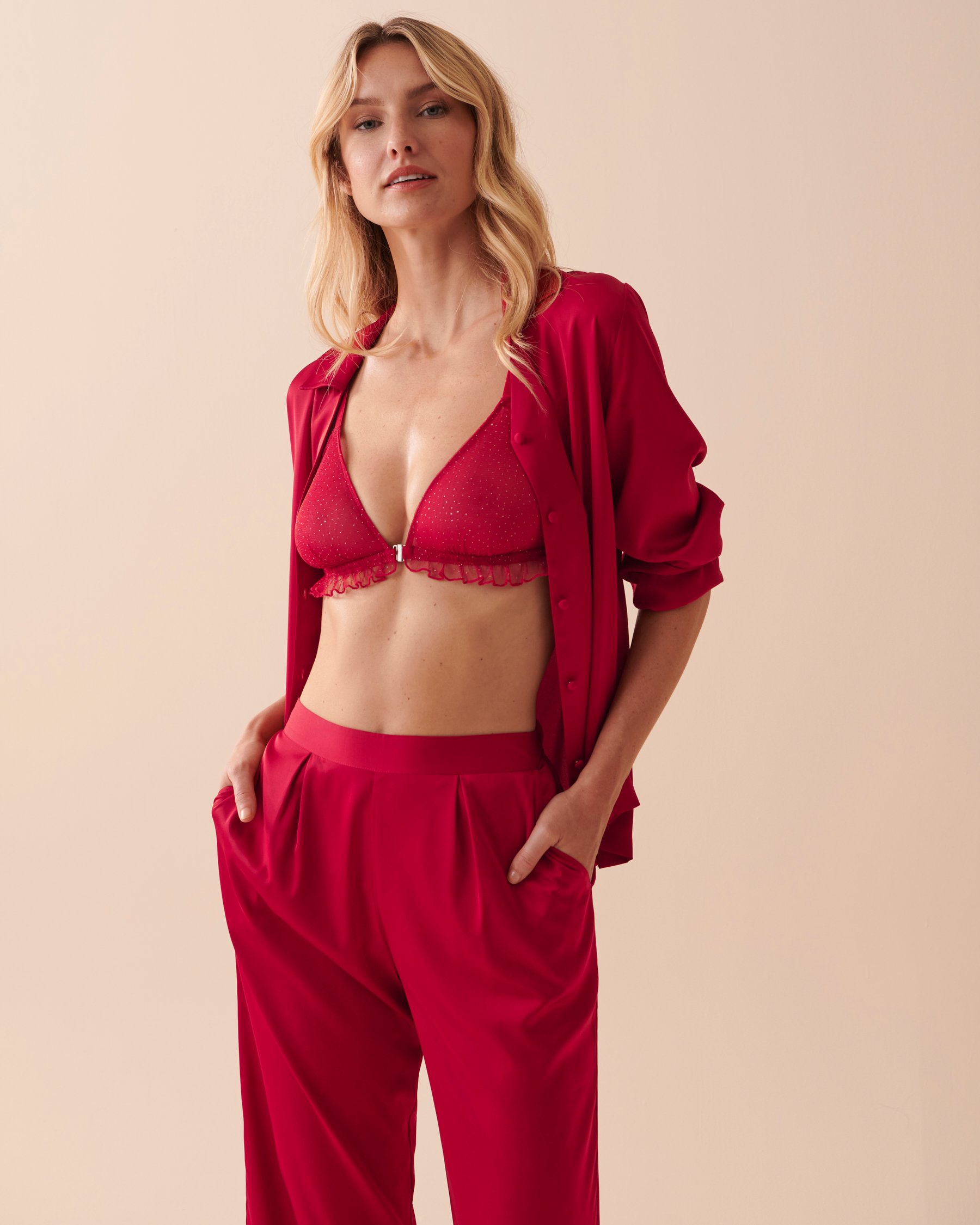 LA VIE EN ROSE Front Closure Glitter Dots Mesh Bralette Jingle Red 10100125 - View4