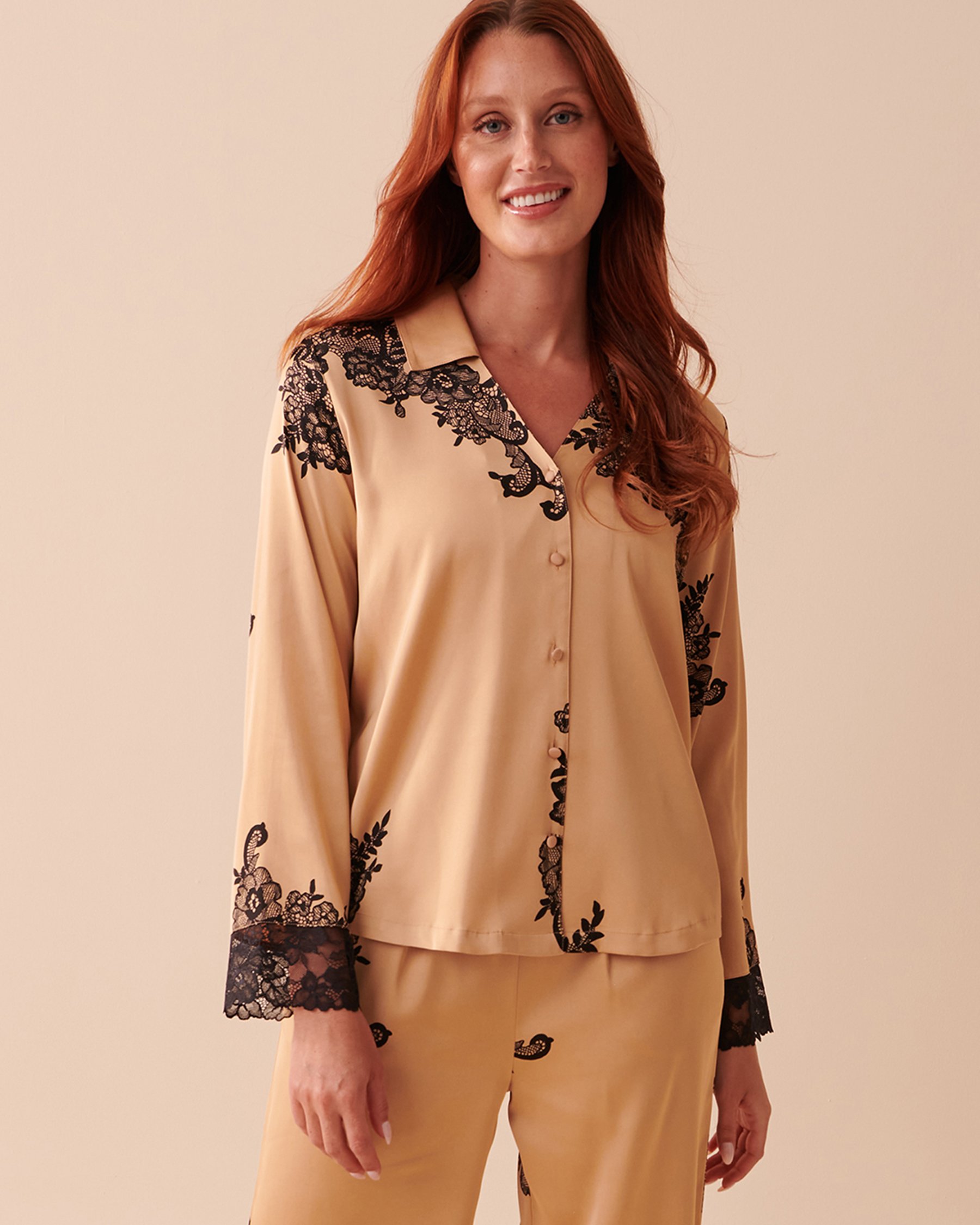 LA VIE EN ROSE Satin and Lace Long Sleeve Button-down Shirt Floral Caramel 60100081 - View1