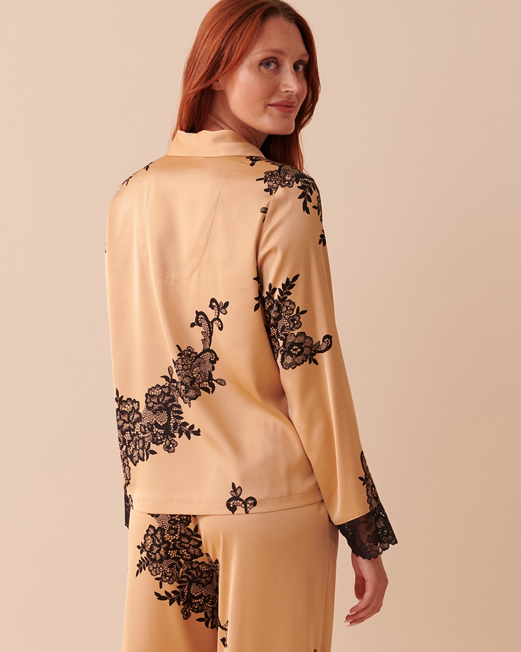 LA VIE EN ROSE Satin and Lace Long Sleeve Button-down Shirt Floral Caramel 60100081 - View2