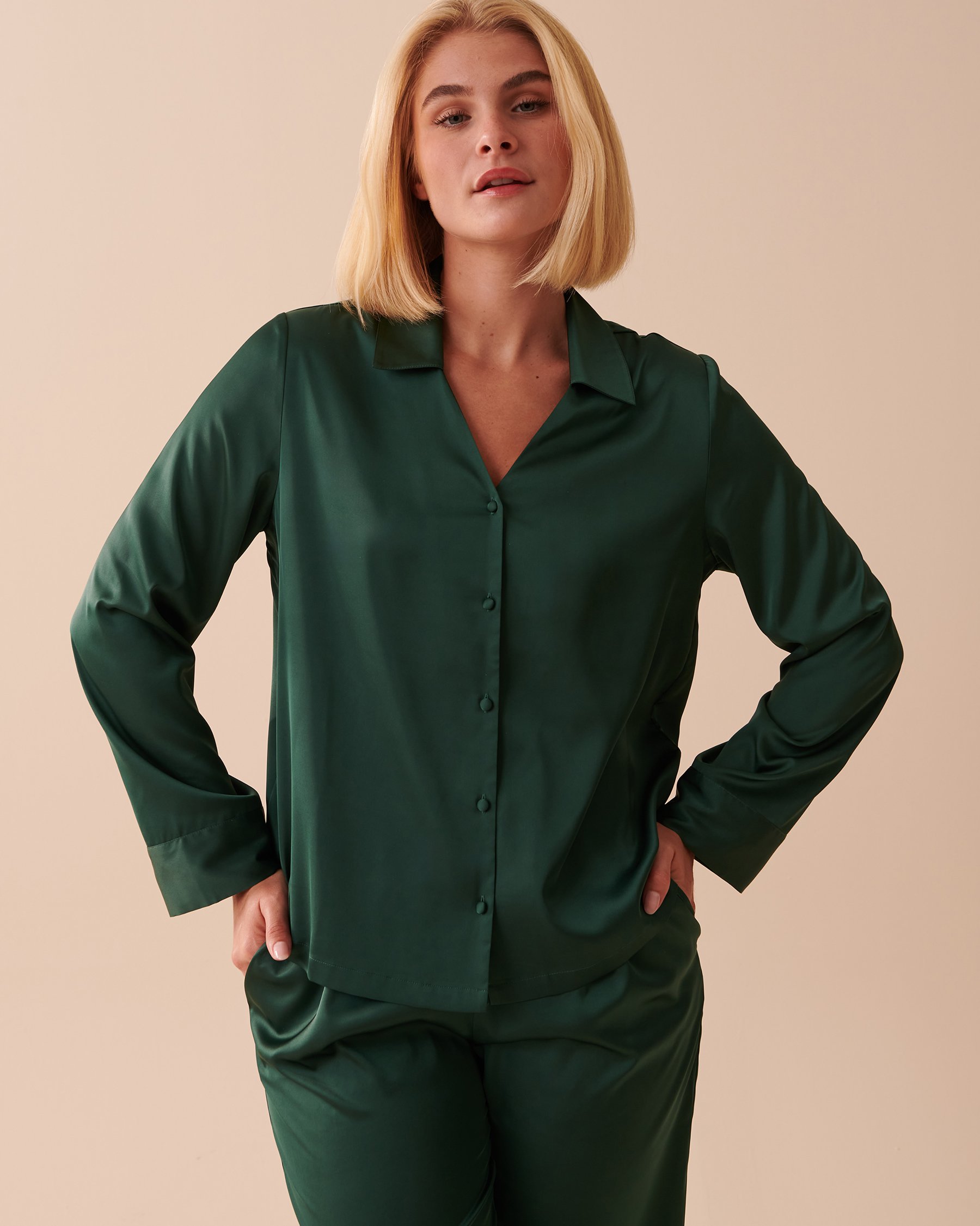 LA VIE EN ROSE Satin Long Sleeve Button-down Shirt Pine Green 60100084 - View1