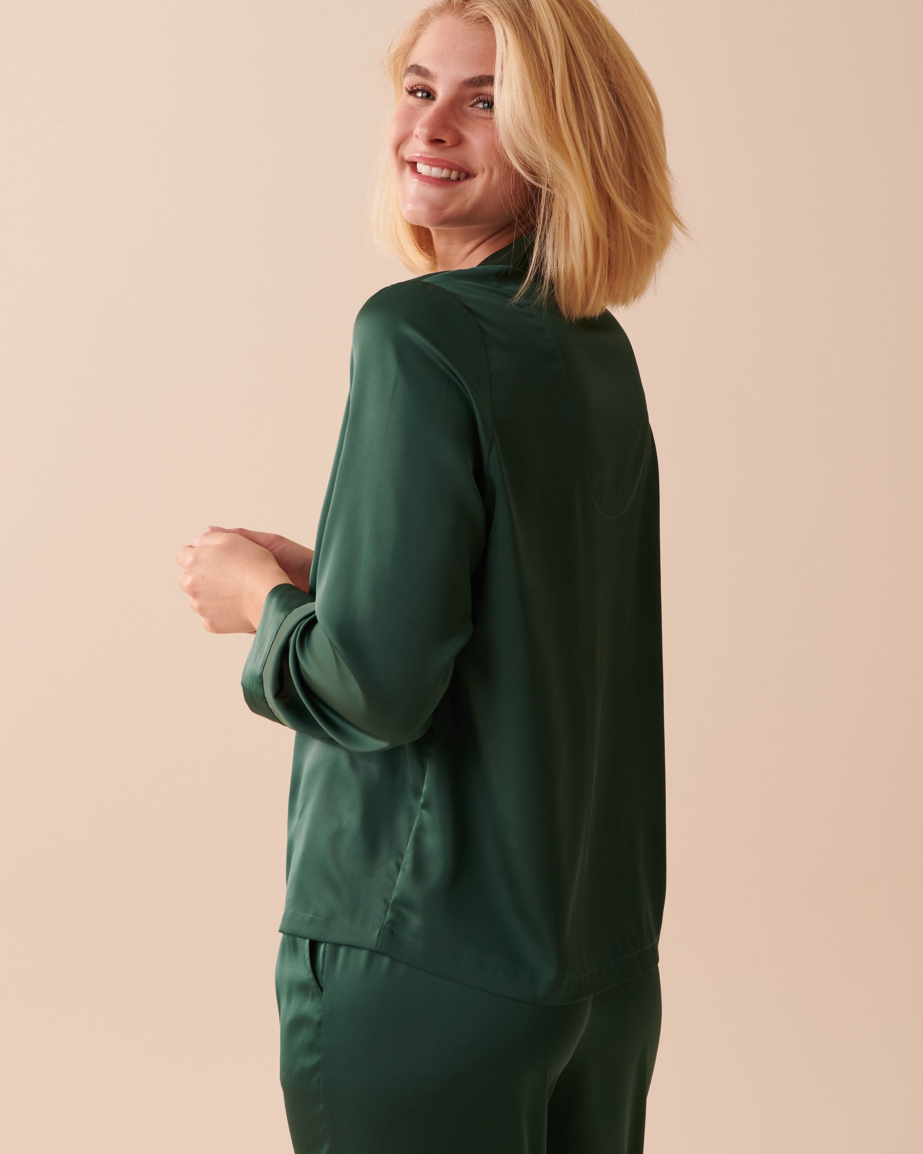 LA VIE EN ROSE Satin Long Sleeve Button-down Shirt Pine Green 60100084 - View2
