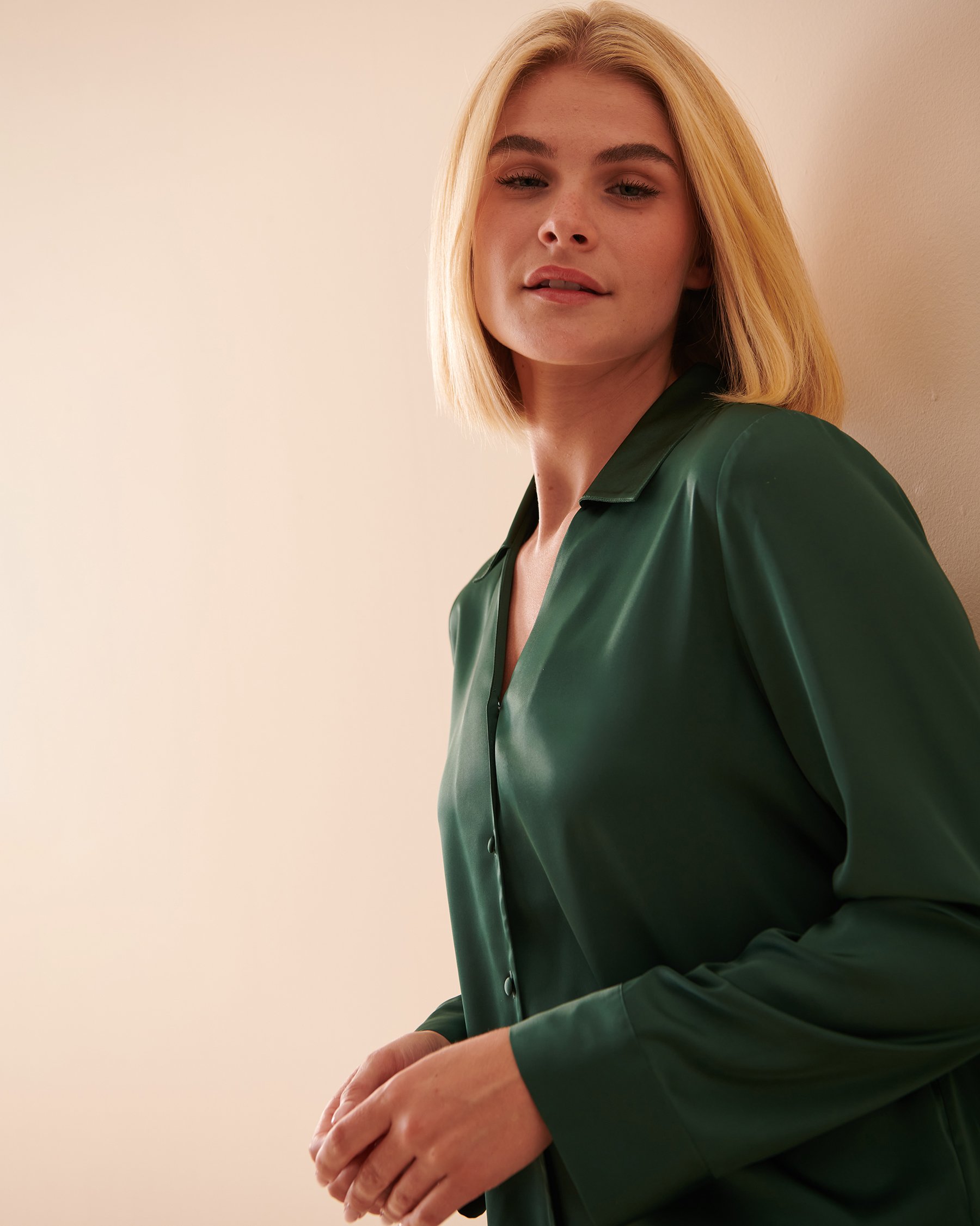 LA VIE EN ROSE Satin Long Sleeve Button-down Shirt Pine Green 60100084 - View3