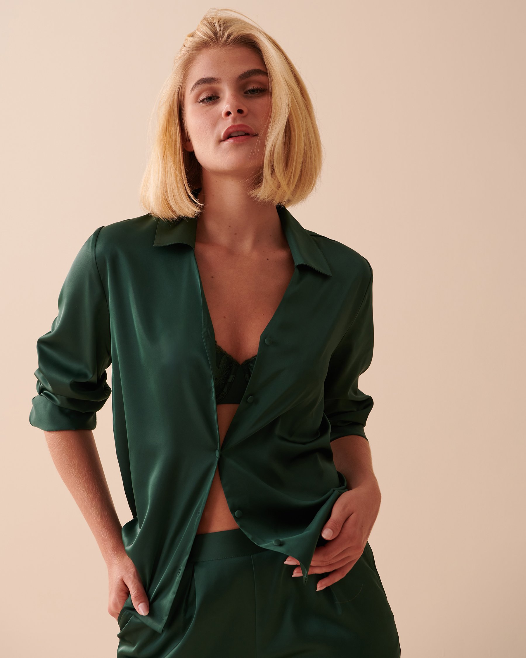 LA VIE EN ROSE Satin Long Sleeve Button-down Shirt Pine Green 60100084 - View4