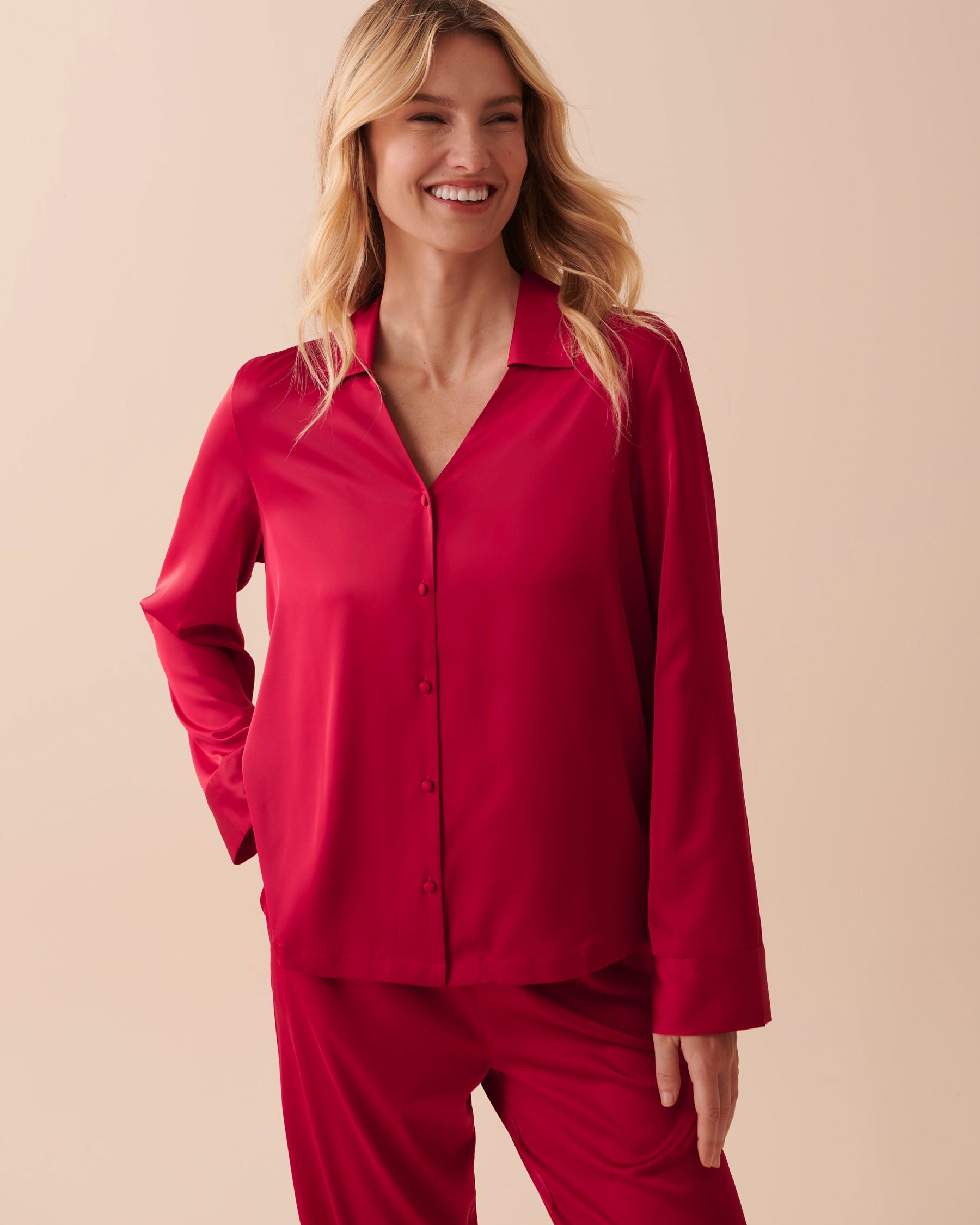 LA VIE EN ROSE Satin Long Sleeve Button-down Shirt Jingle Red 60100084 - View1
