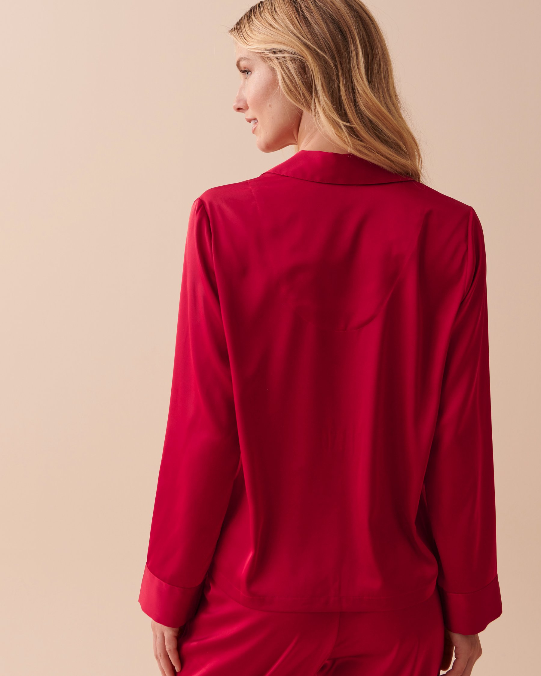 LA VIE EN ROSE Satin Long Sleeve Button-down Shirt Jingle Red 60100084 - View2