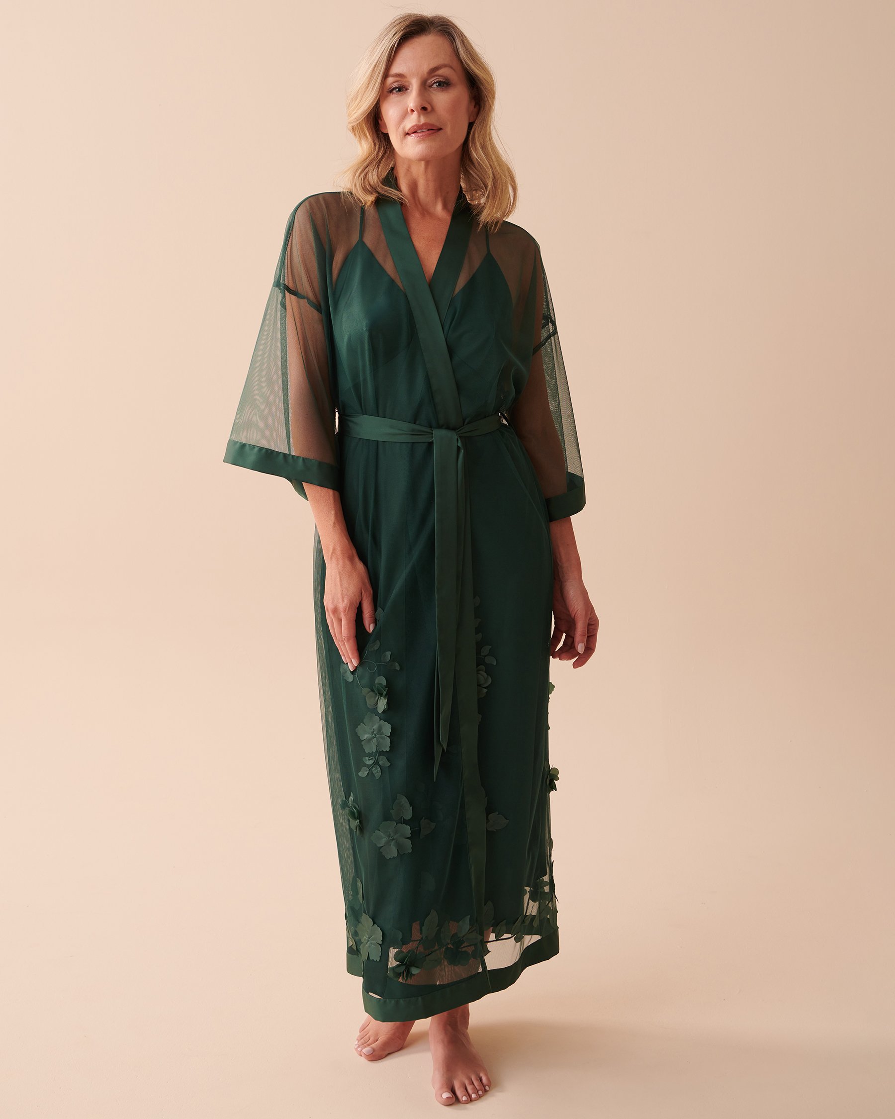 LA VIE EN ROSE Long Sheer Mesh Floral Kimono Pine Green 60600062 - View1