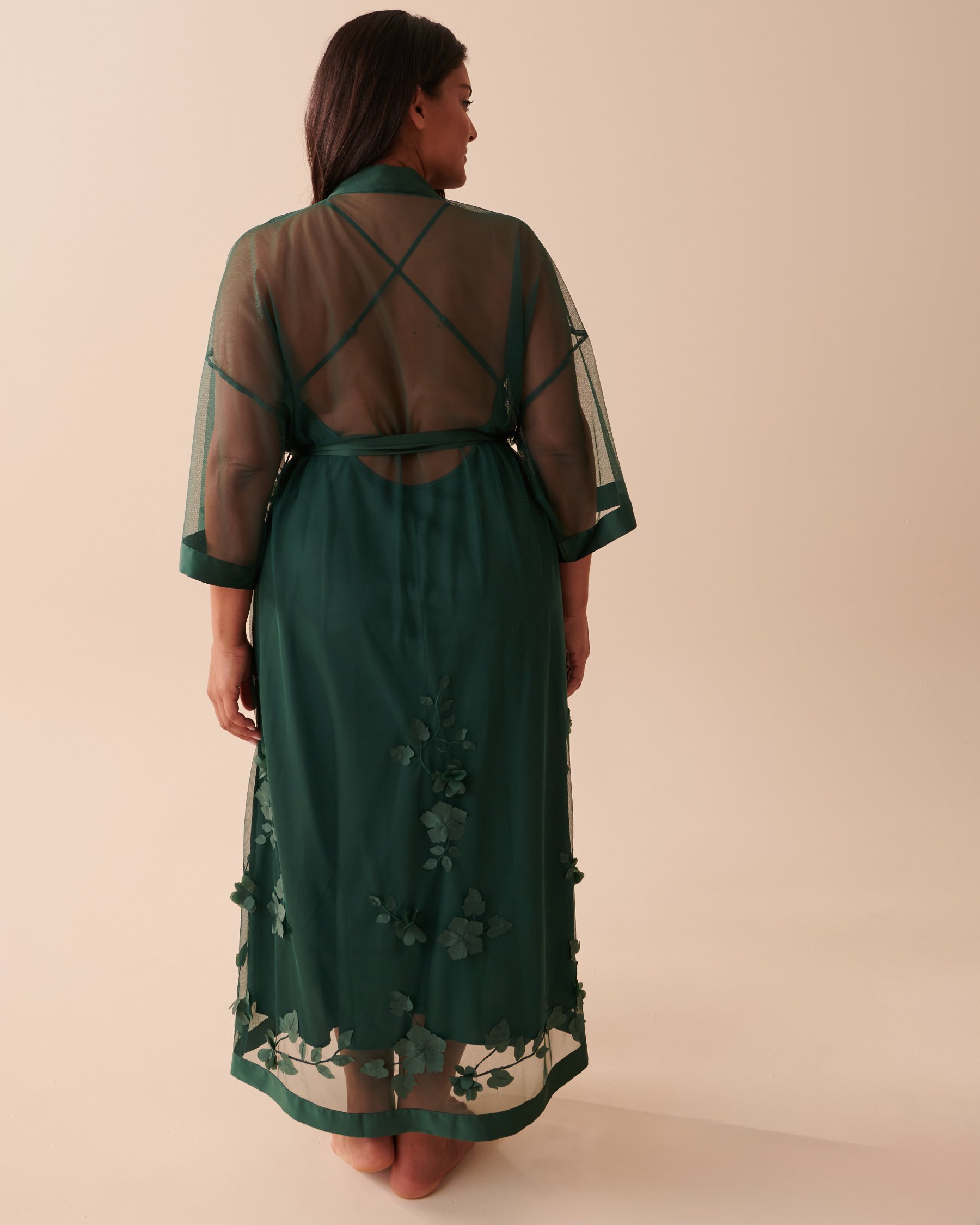 LA VIE EN ROSE Long Sheer Mesh Floral Kimono Pine Green 60600062 - View8