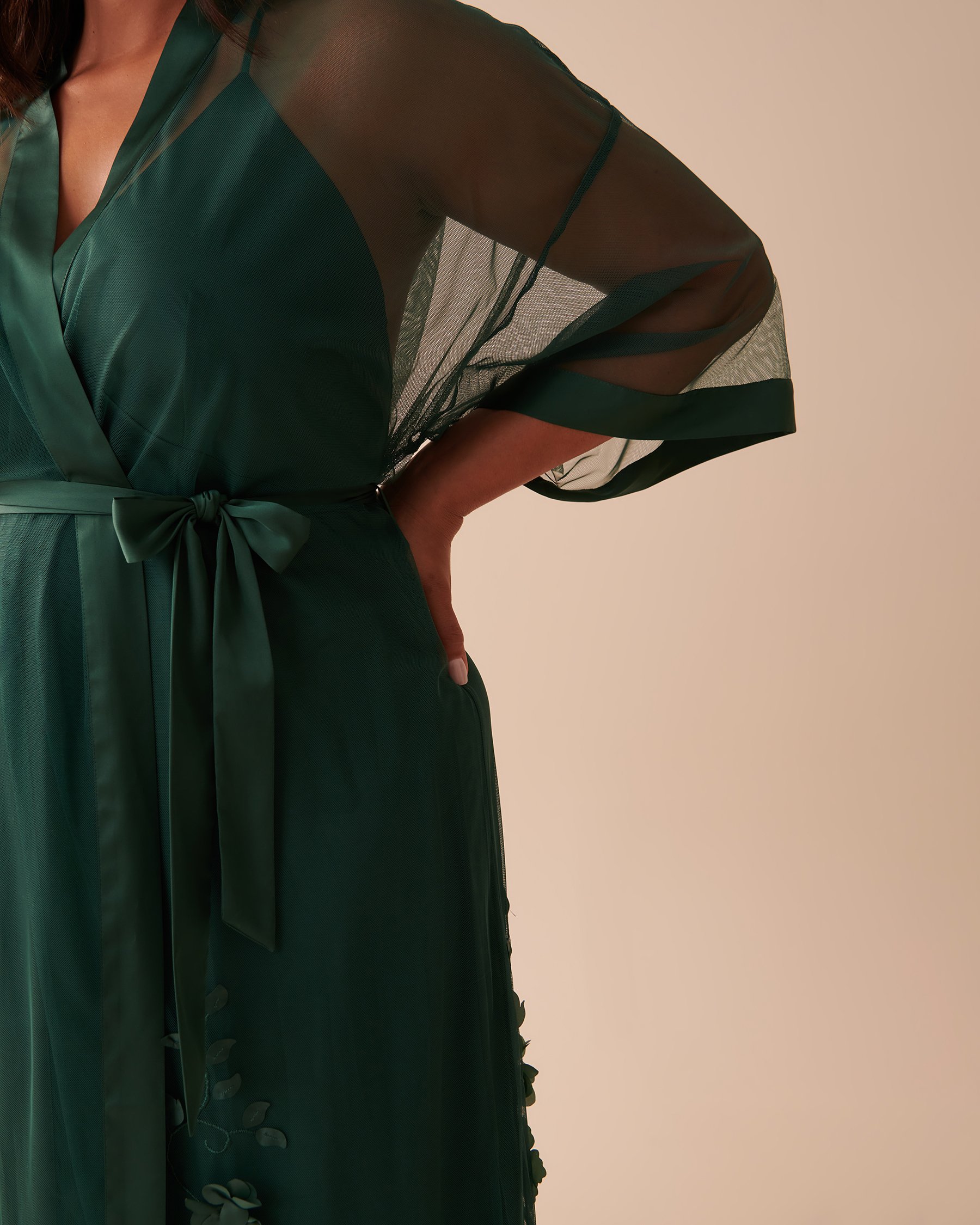 LA VIE EN ROSE Long Sheer Mesh Floral Kimono Pine Green 60600062 - View9