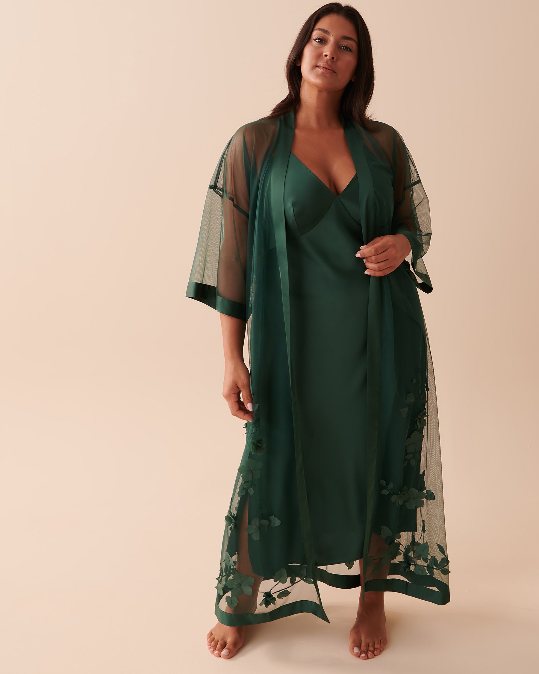 LA VIE EN ROSE Long Sheer Mesh Floral Kimono Pine Green 60600062 - View10