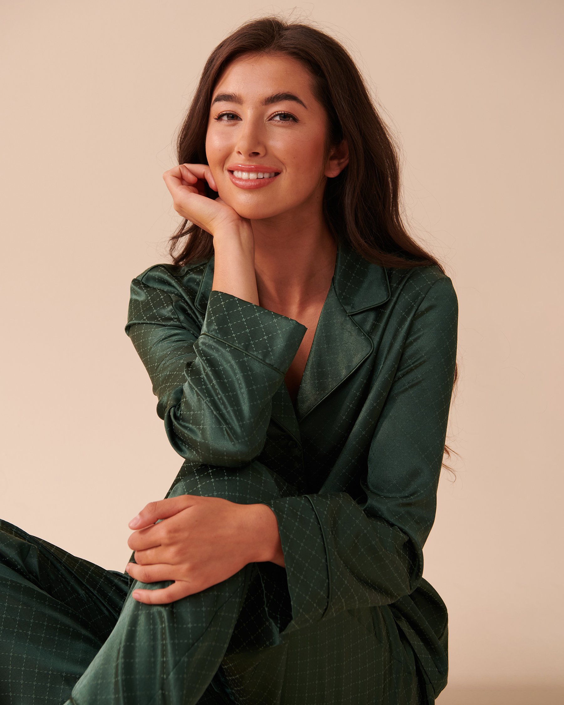 LA VIE EN ROSE Jacquard Satin Pajama Set Pine Green 60400031 - View1