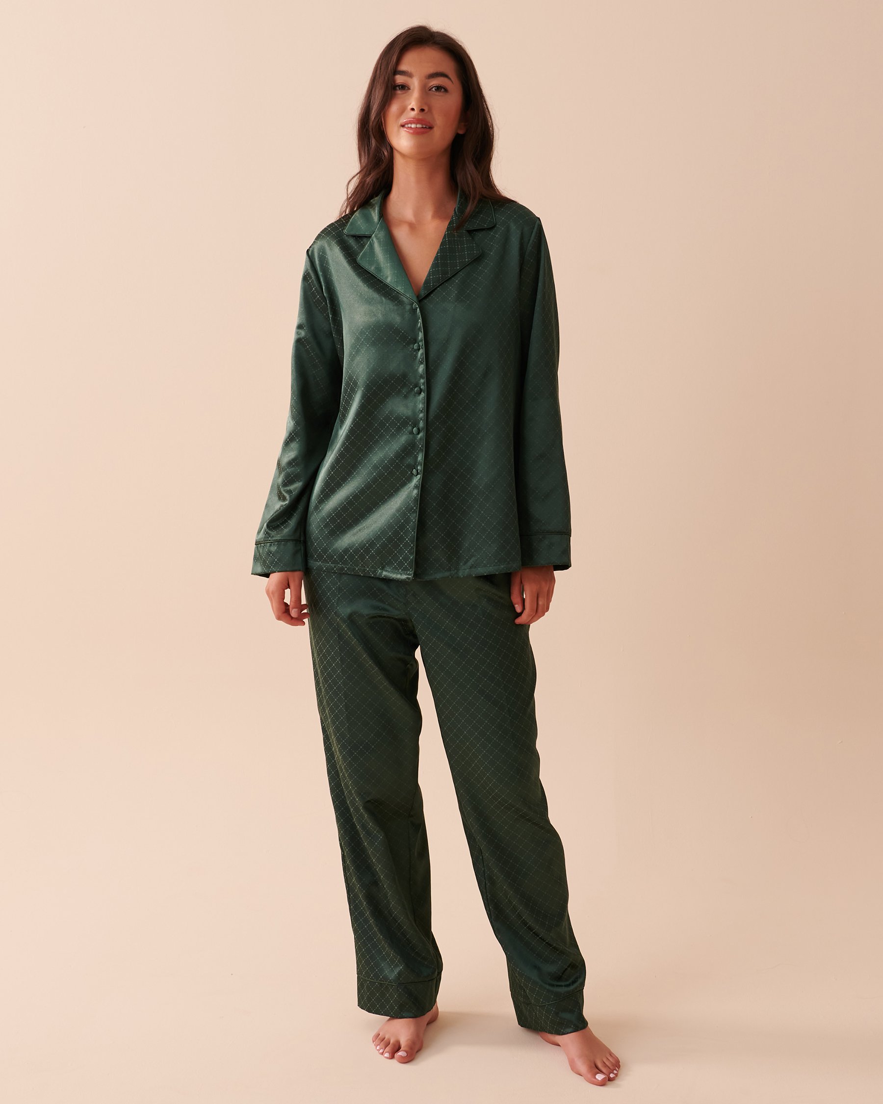 LA VIE EN ROSE Jacquard Satin Pajama Set Pine Green 60400031 - View4