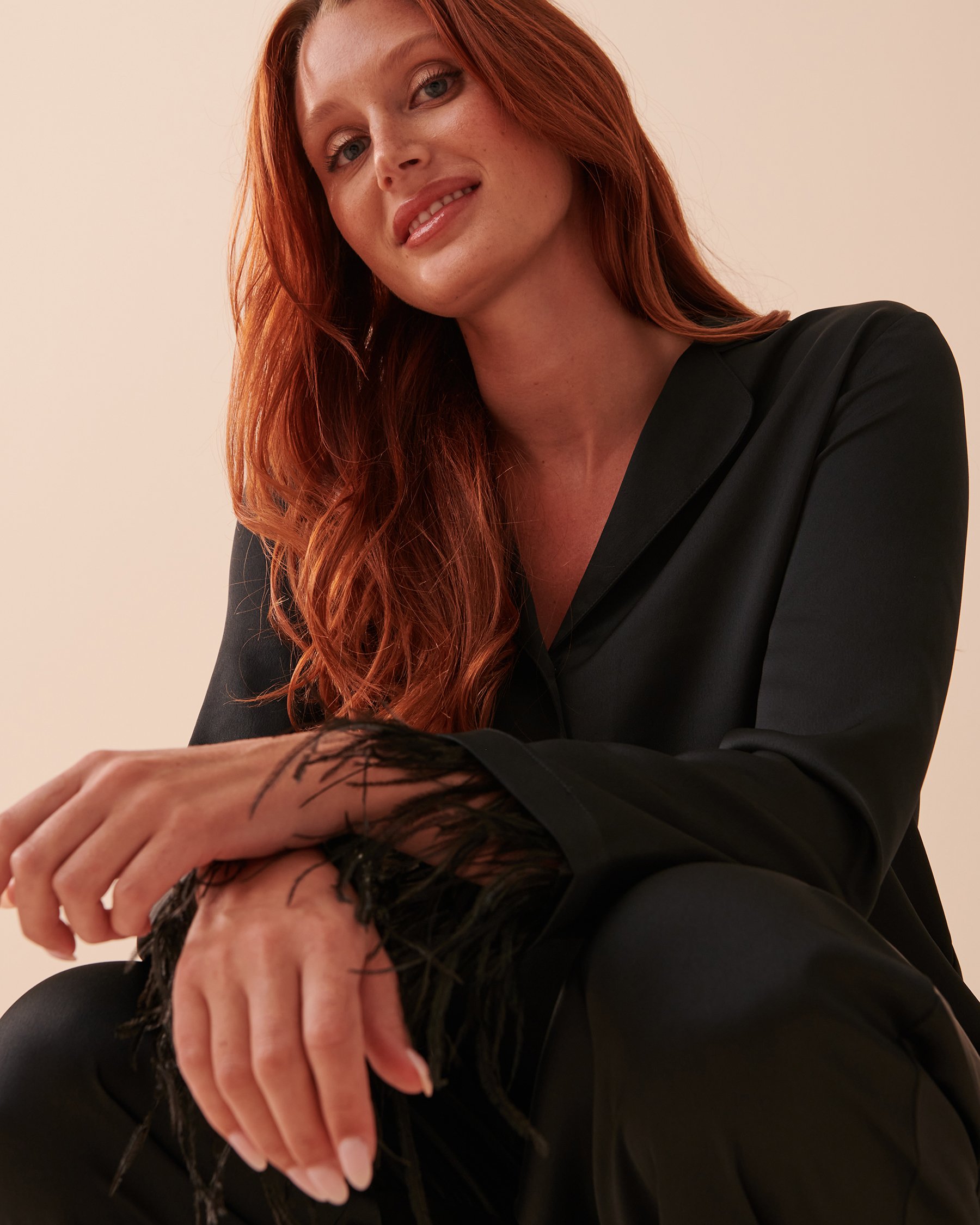 LA VIE EN ROSE Satin Feather Trim Pajama Set Starry Night 60400030 - View2