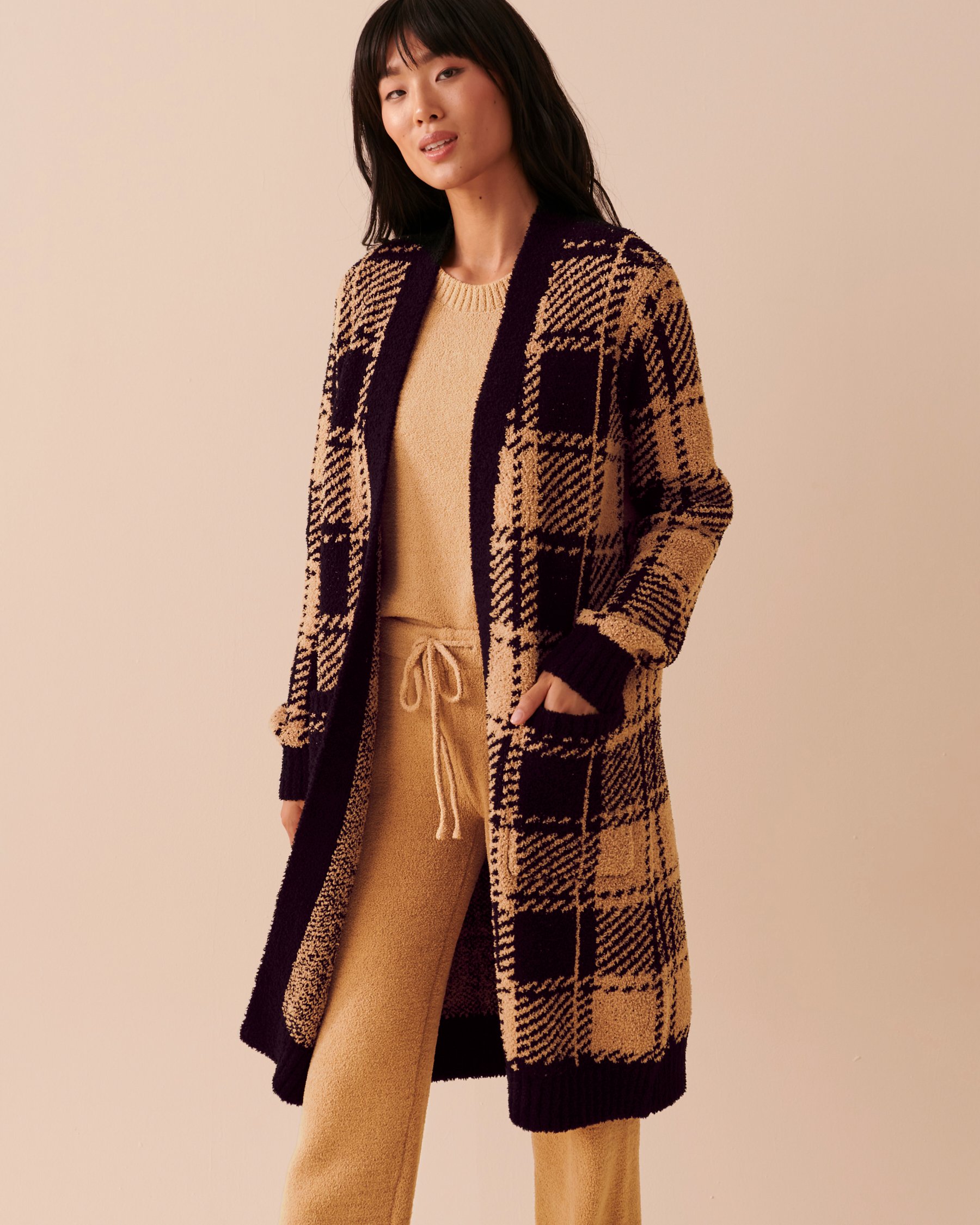LA VIE EN ROSE Chenille Long Cardigan Black and Caramel Plaid 50500010 - View1