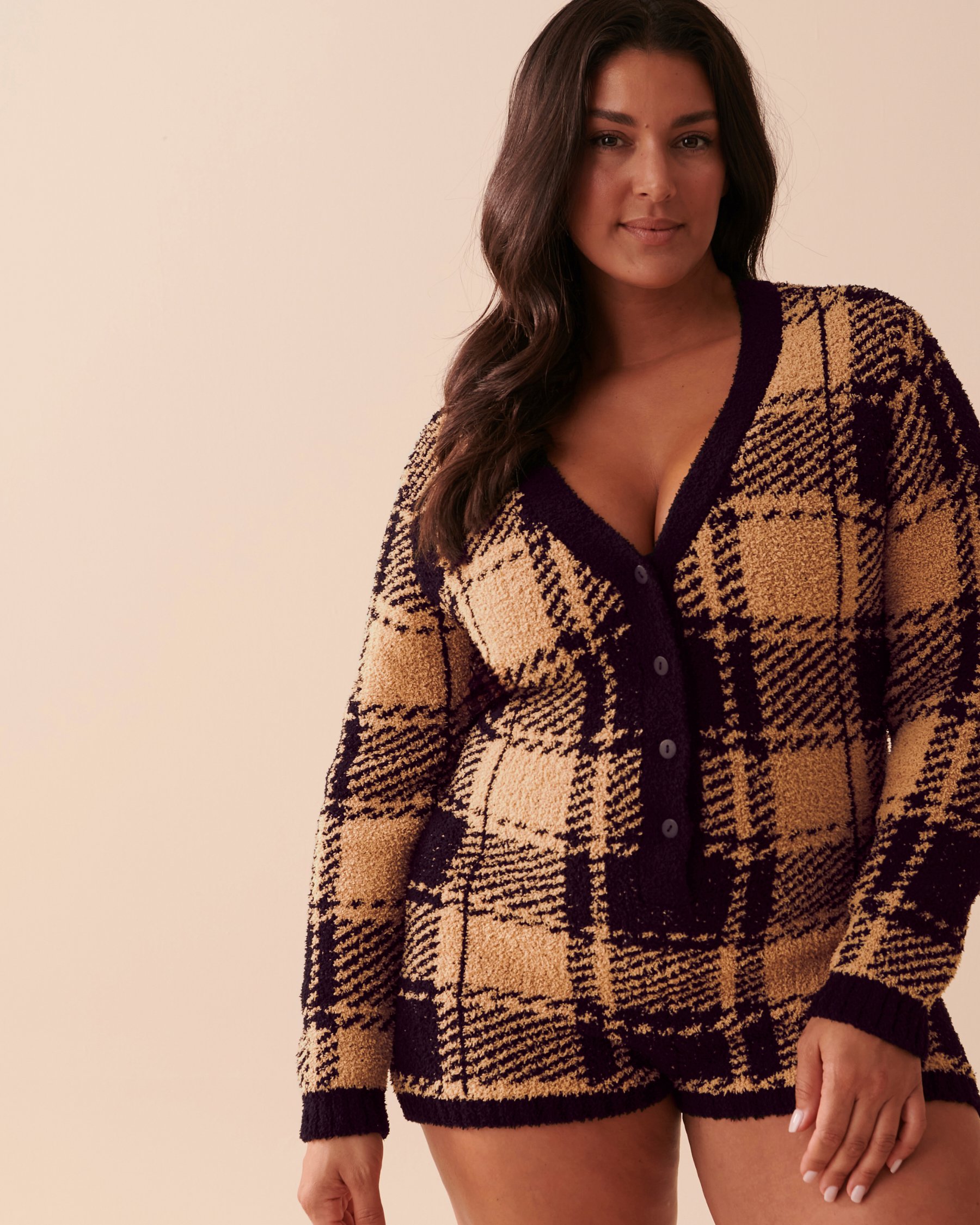 LA VIE EN ROSE Chenille Long Sleeve Romper Black and Caramel Plaid 50300010 - View1