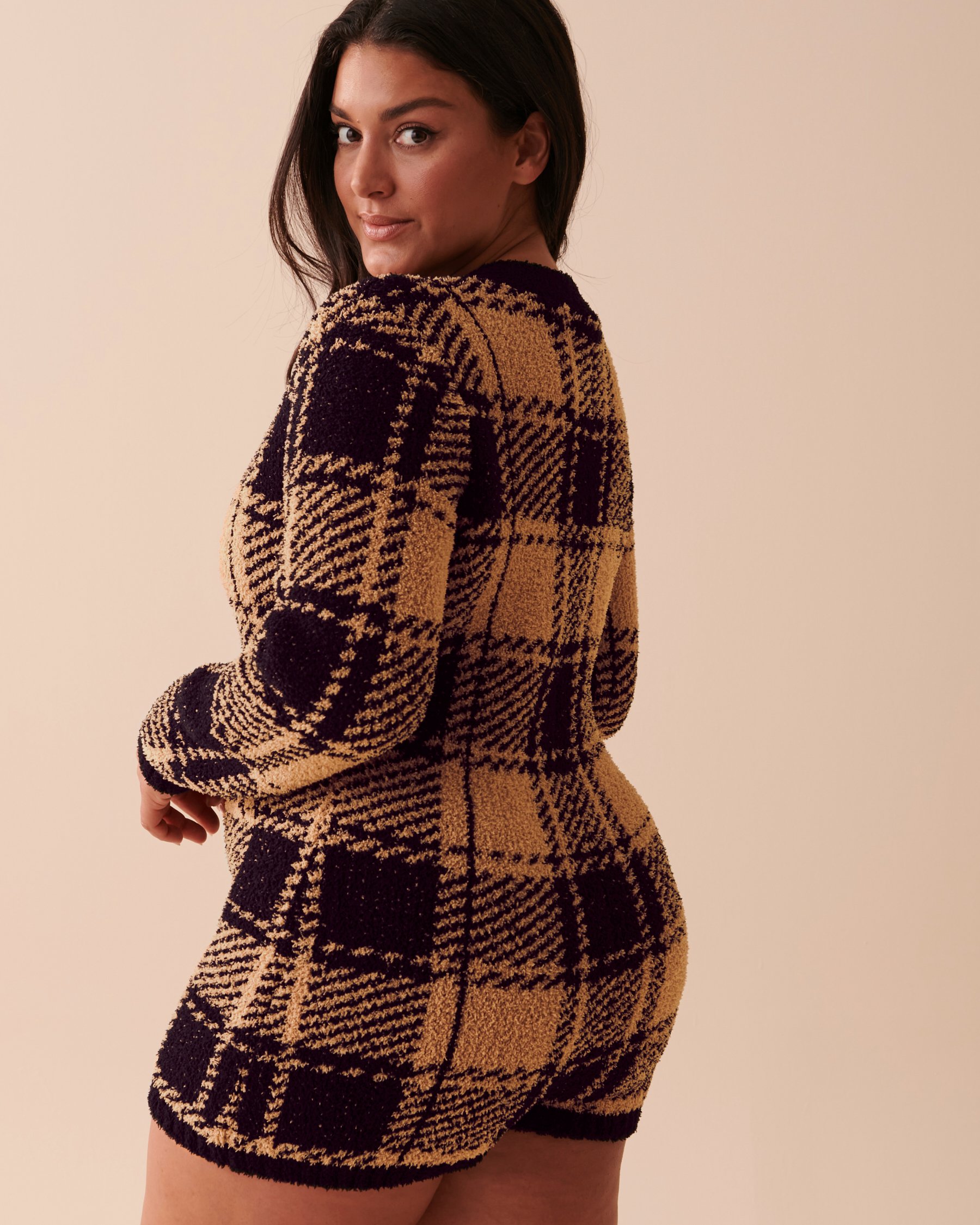 LA VIE EN ROSE Chenille Long Sleeve Romper Black and Caramel Plaid 50300010 - View2