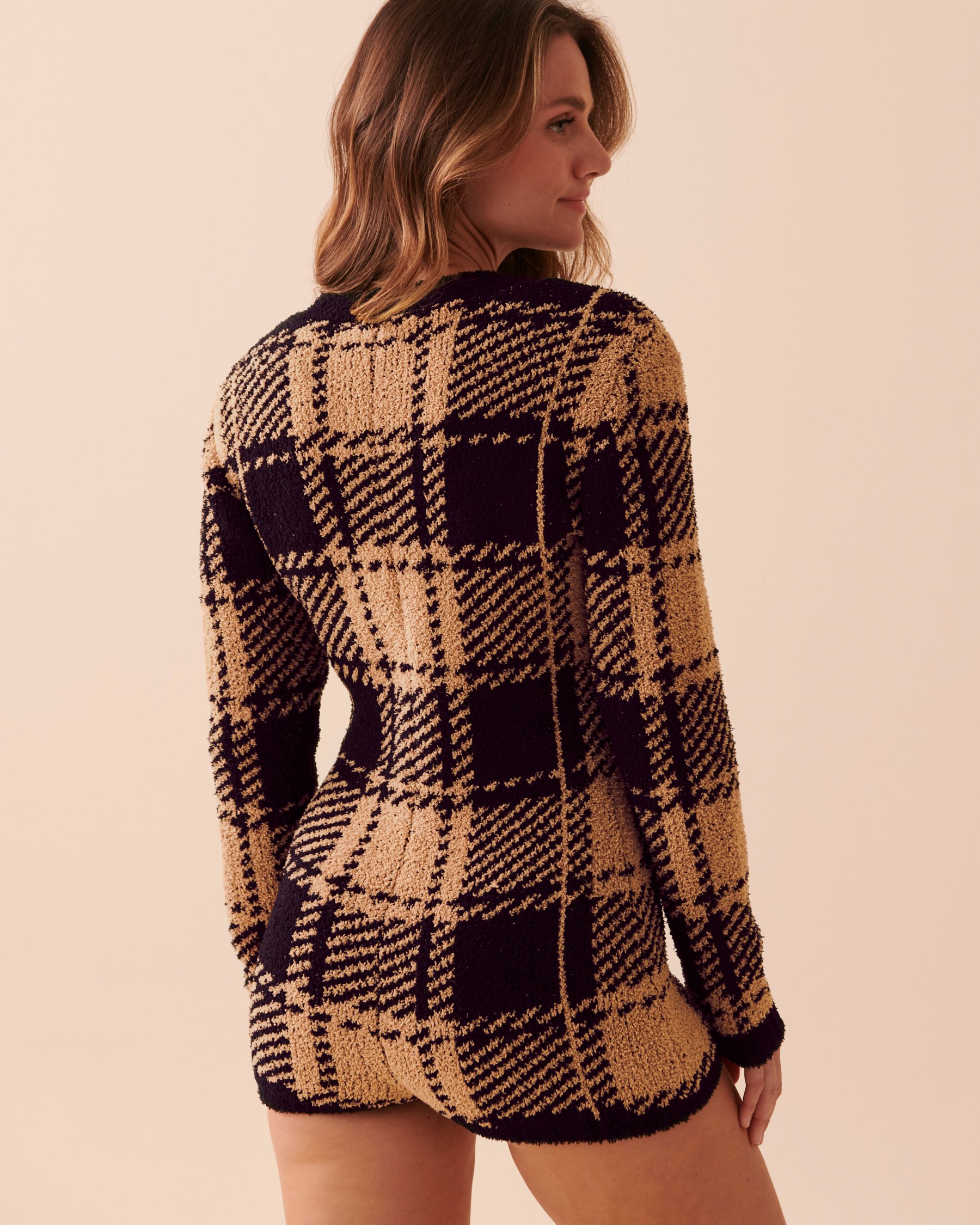 LA VIE EN ROSE Chenille Long Sleeve Romper Black and Caramel Plaid 50300010 - View6