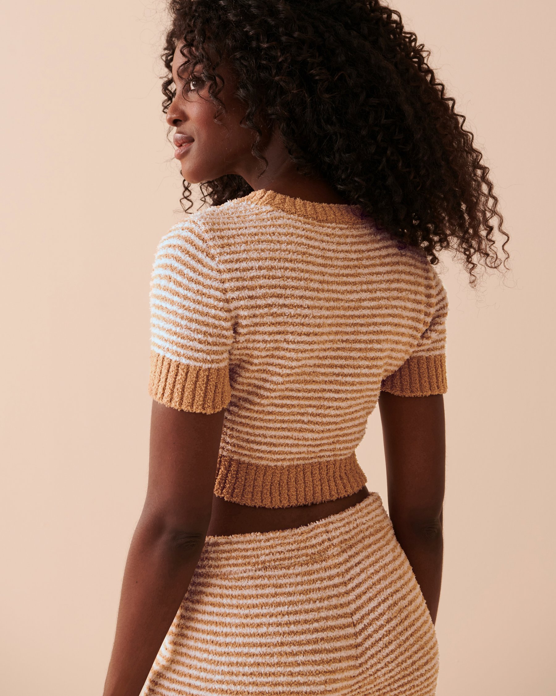 LA VIE EN ROSE Chenille Short Sleeve Crop Shirt White and Caramel Stripes 50100074 - View2