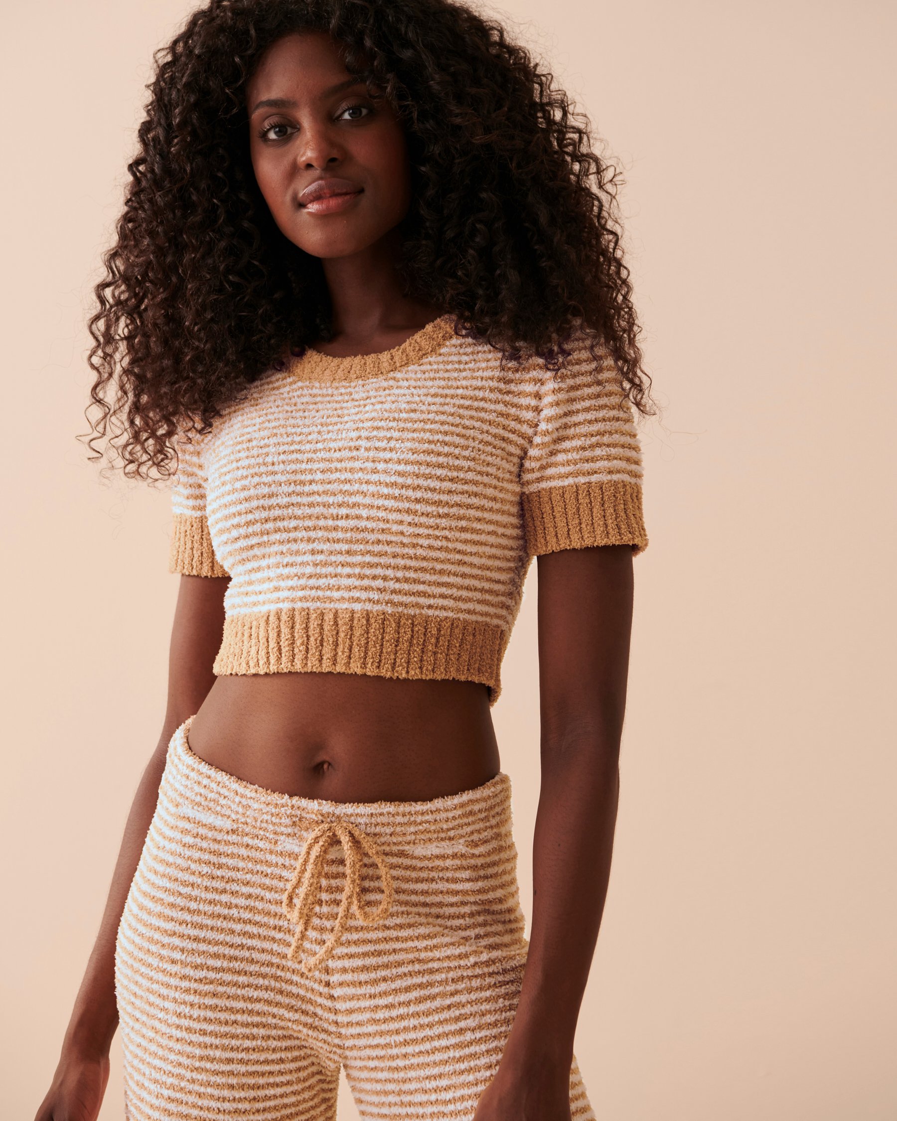 LA VIE EN ROSE Chenille Short Sleeve Crop Shirt White and Caramel Stripes 50100074 - View3