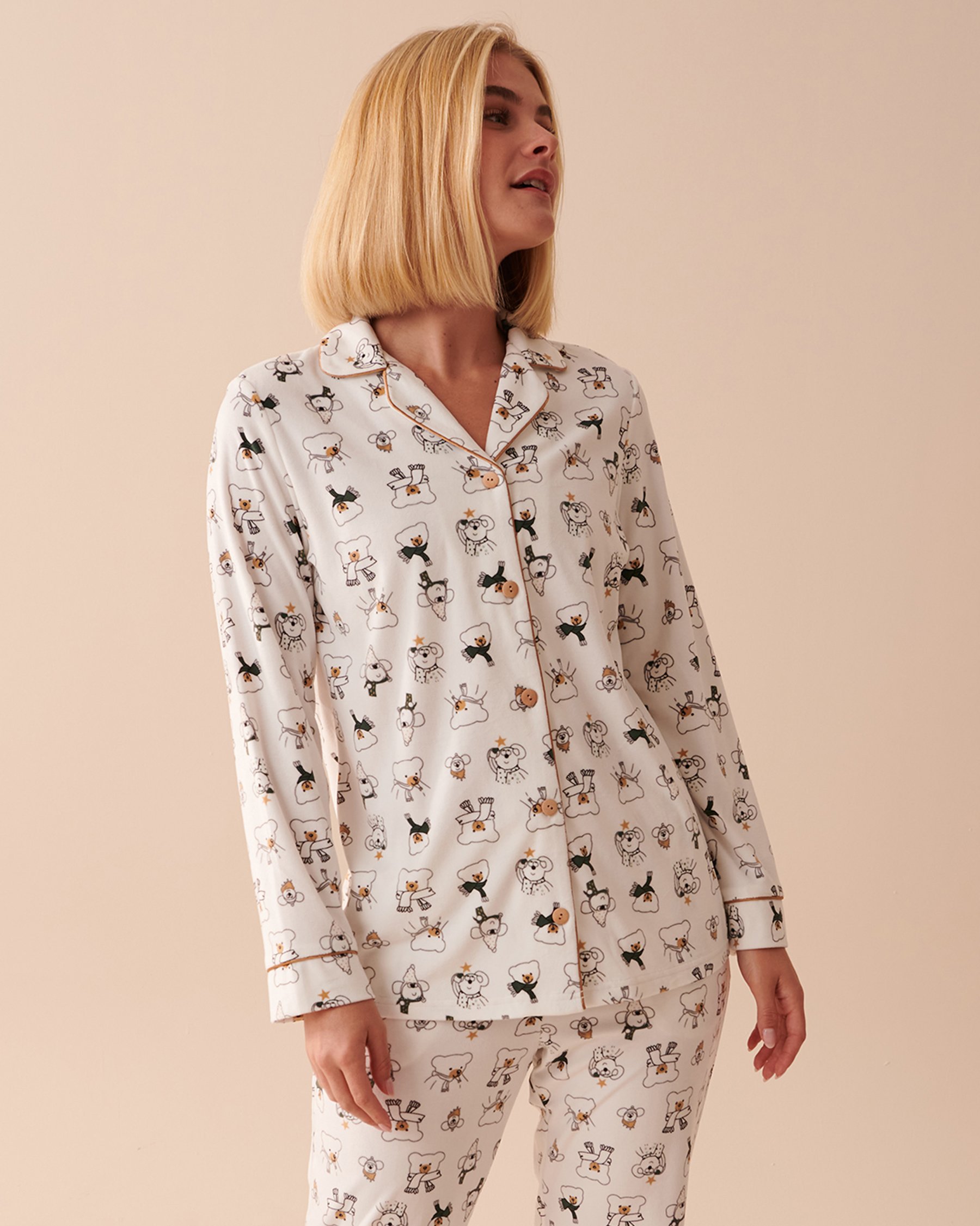 LA VIE EN ROSE Luxury Velour Long Sleeve Button-down Shirt Festive Bears & Mice 40100494 - View1