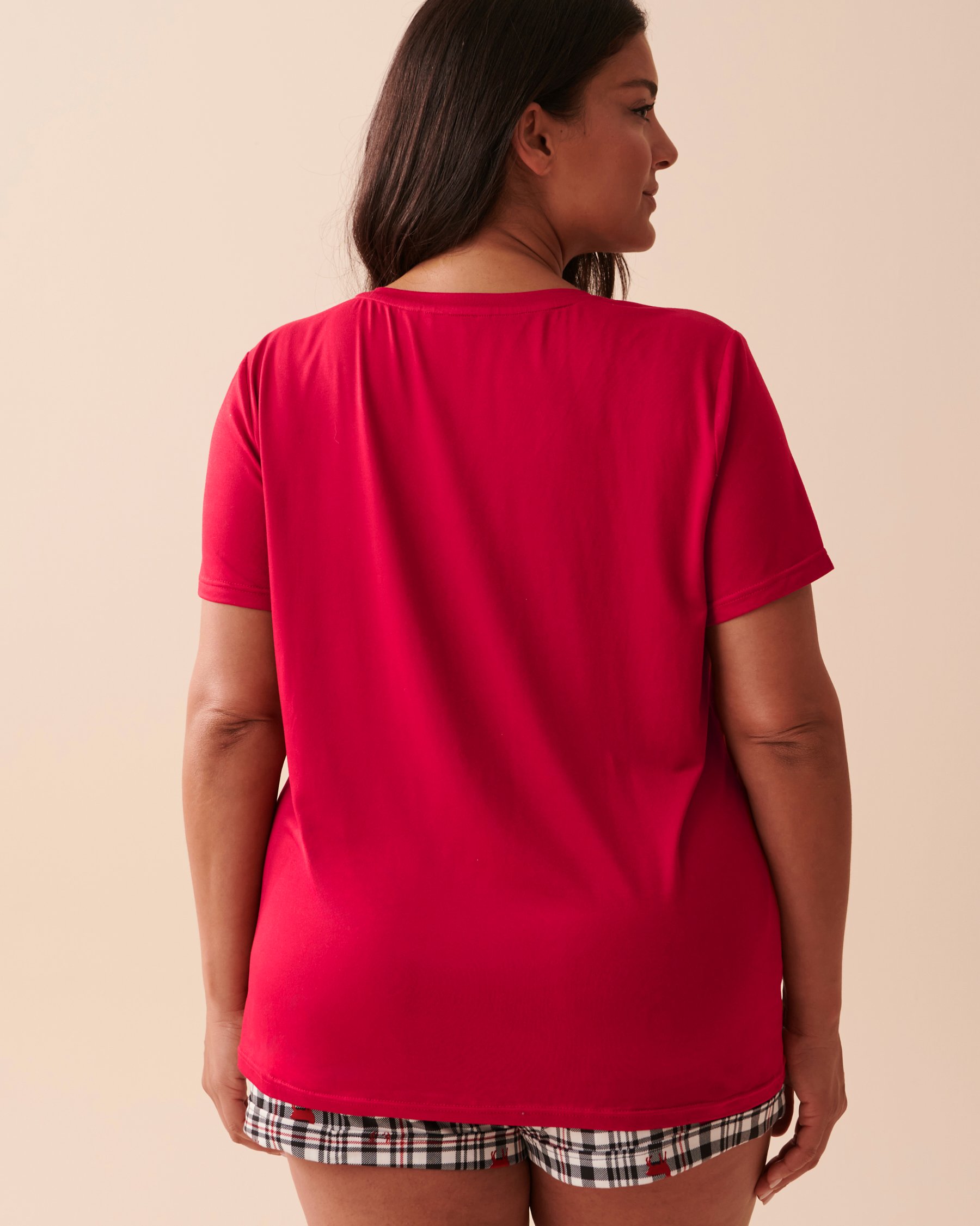 LA VIE EN ROSE Deer Print Super Soft V-neck T-shirt Jingle Red 40100502 - View5