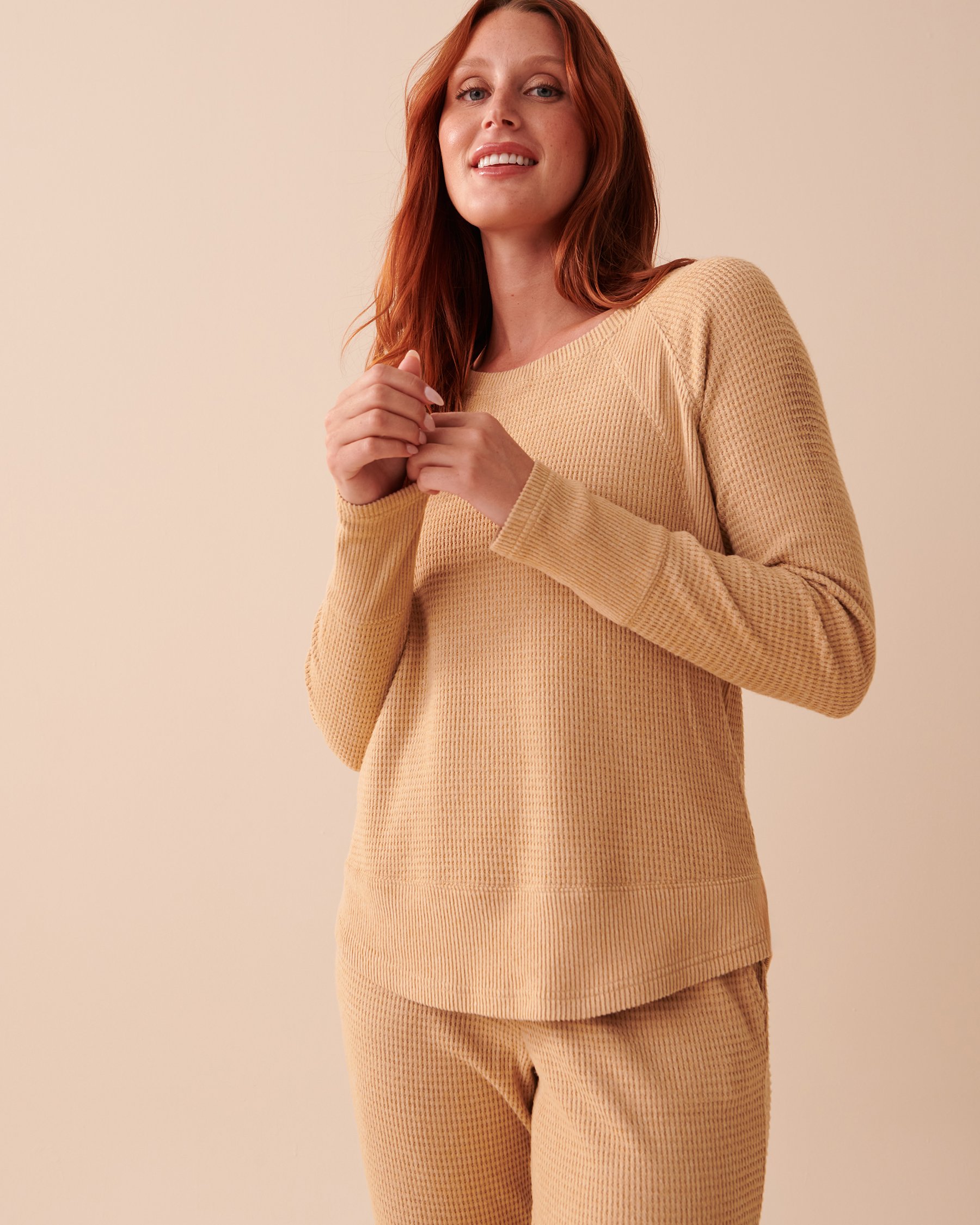 LA VIE EN ROSE Waffle Knit Long Sleeve Shirt Salted Caramel Mix 40100514 - View1