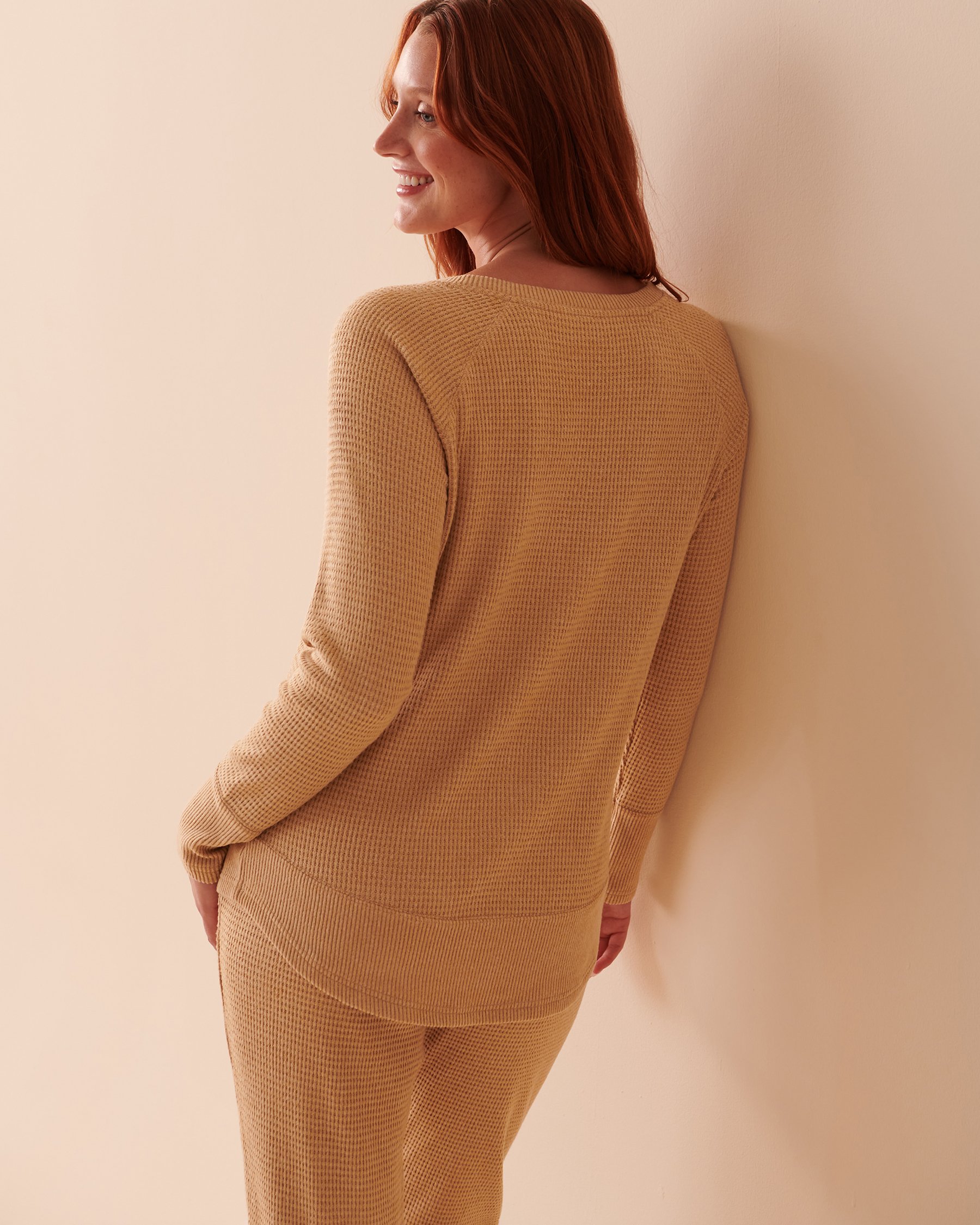 LA VIE EN ROSE Waffle Knit Long Sleeve Shirt Salted Caramel Mix 40100514 - View2
