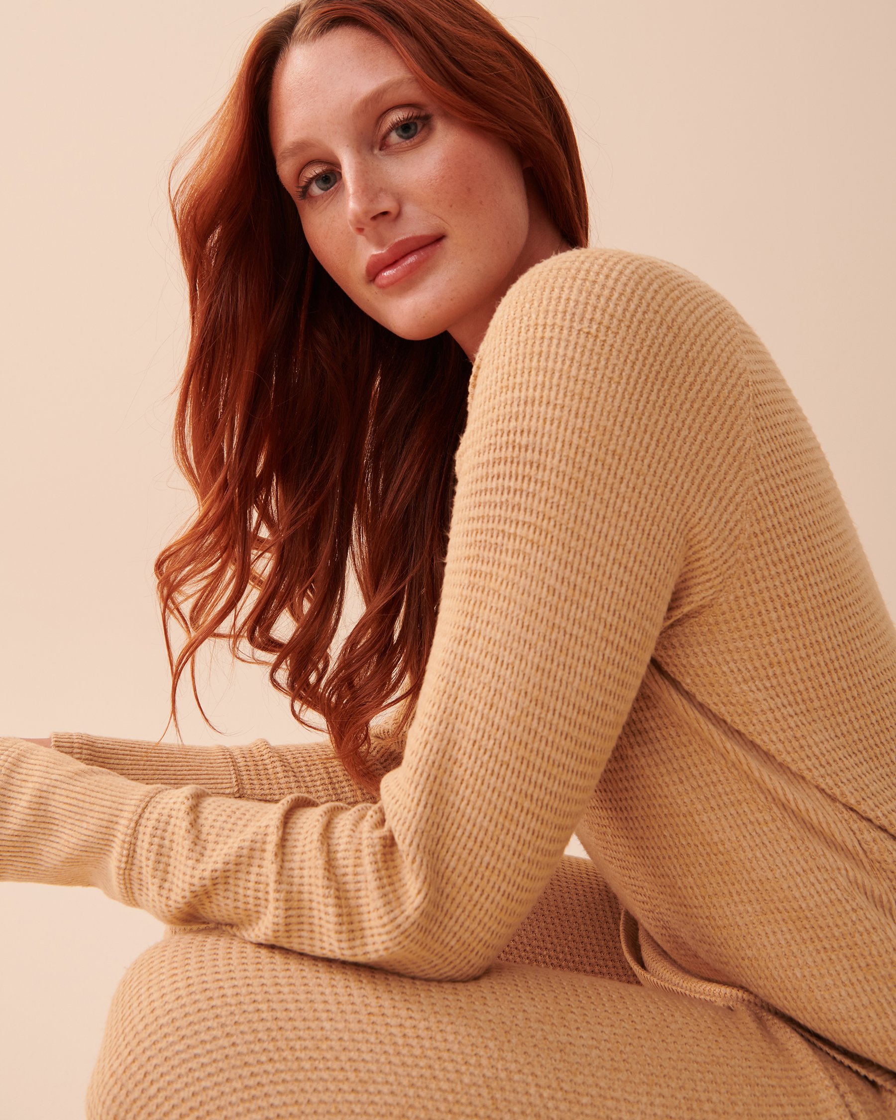 LA VIE EN ROSE Waffle Knit Long Sleeve Shirt Salted Caramel Mix 40100514 - View3