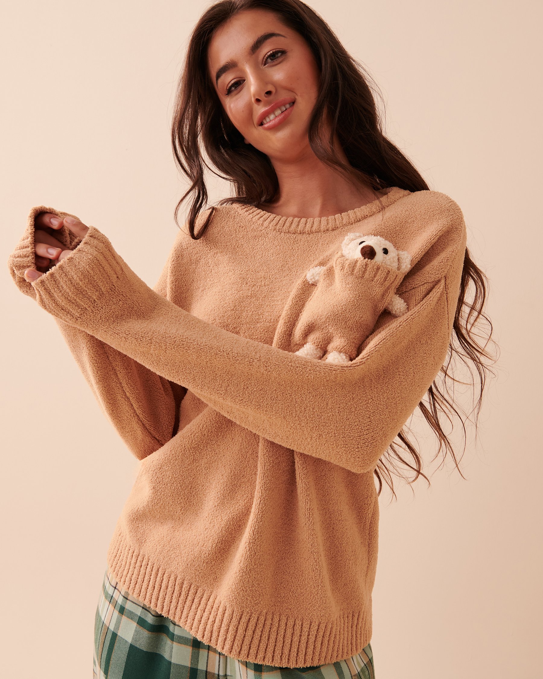 LA VIE EN ROSE Teddy Bear Chenille Long Sleeve Shirt Salted Caramel 40100516 - View3