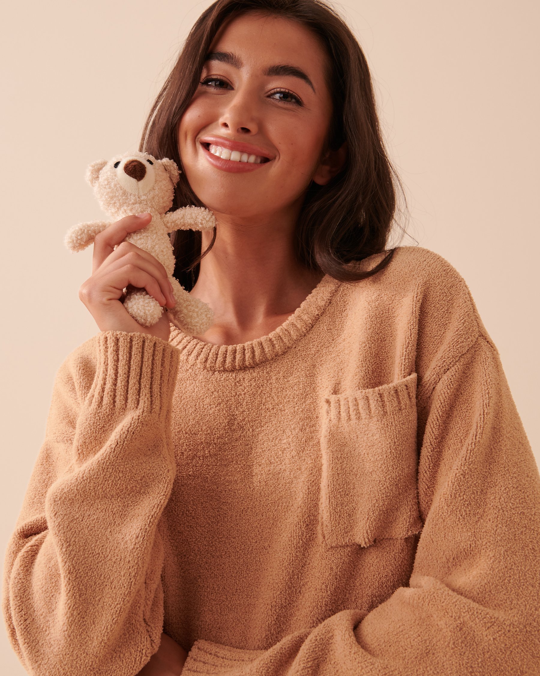 LA VIE EN ROSE Teddy Bear Chenille Long Sleeve Shirt Salted Caramel 40100516 - View1