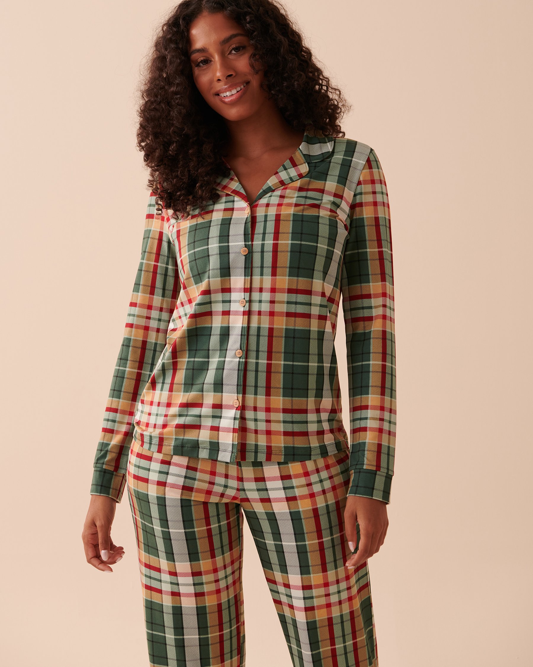 LA VIE EN ROSE Super Soft Plaid Button-down Shirt Green and Caramel Plaid 40100519 - View1