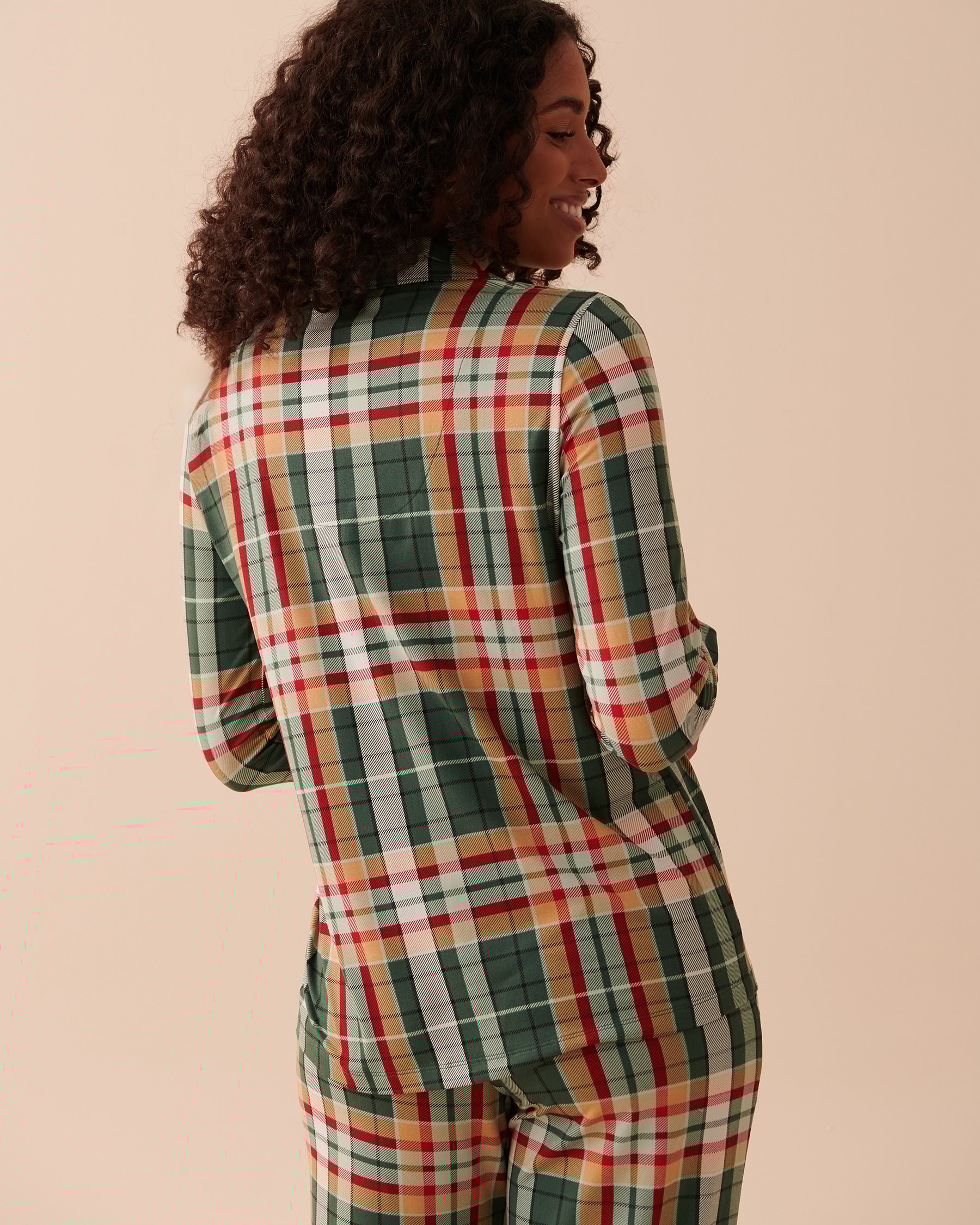 LA VIE EN ROSE Super Soft Plaid Button-down Shirt Green and Caramel Plaid 40100519 - View2