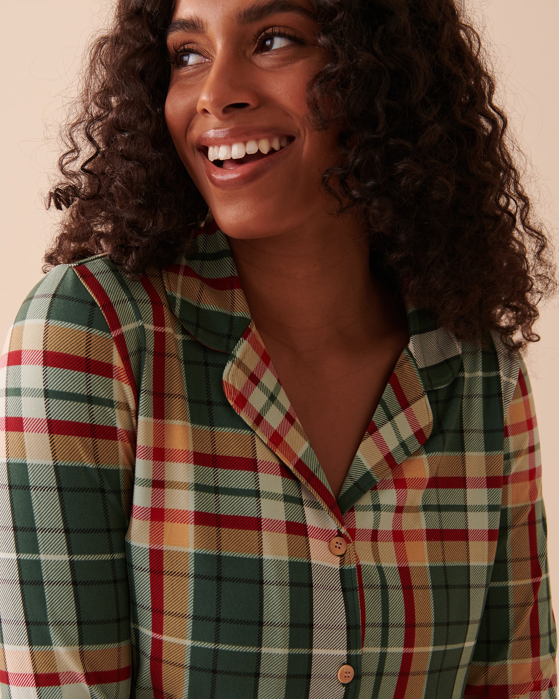 LA VIE EN ROSE Super Soft Plaid Button-down Shirt Green and Caramel Plaid 40100519 - View3