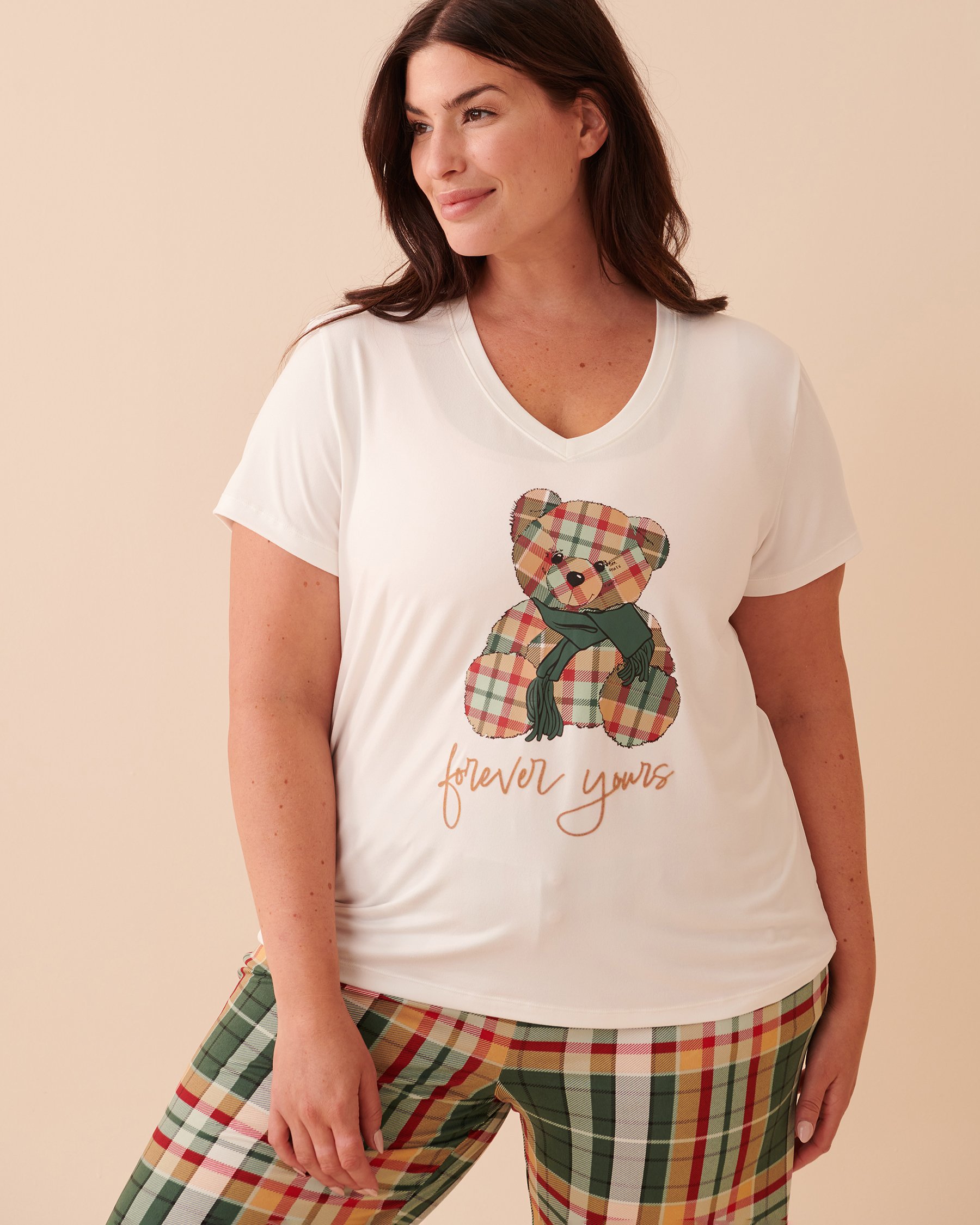LA VIE EN ROSE T-shirt col en V ultra doux à motif ourson Blanc neige 40100521 - Voir3