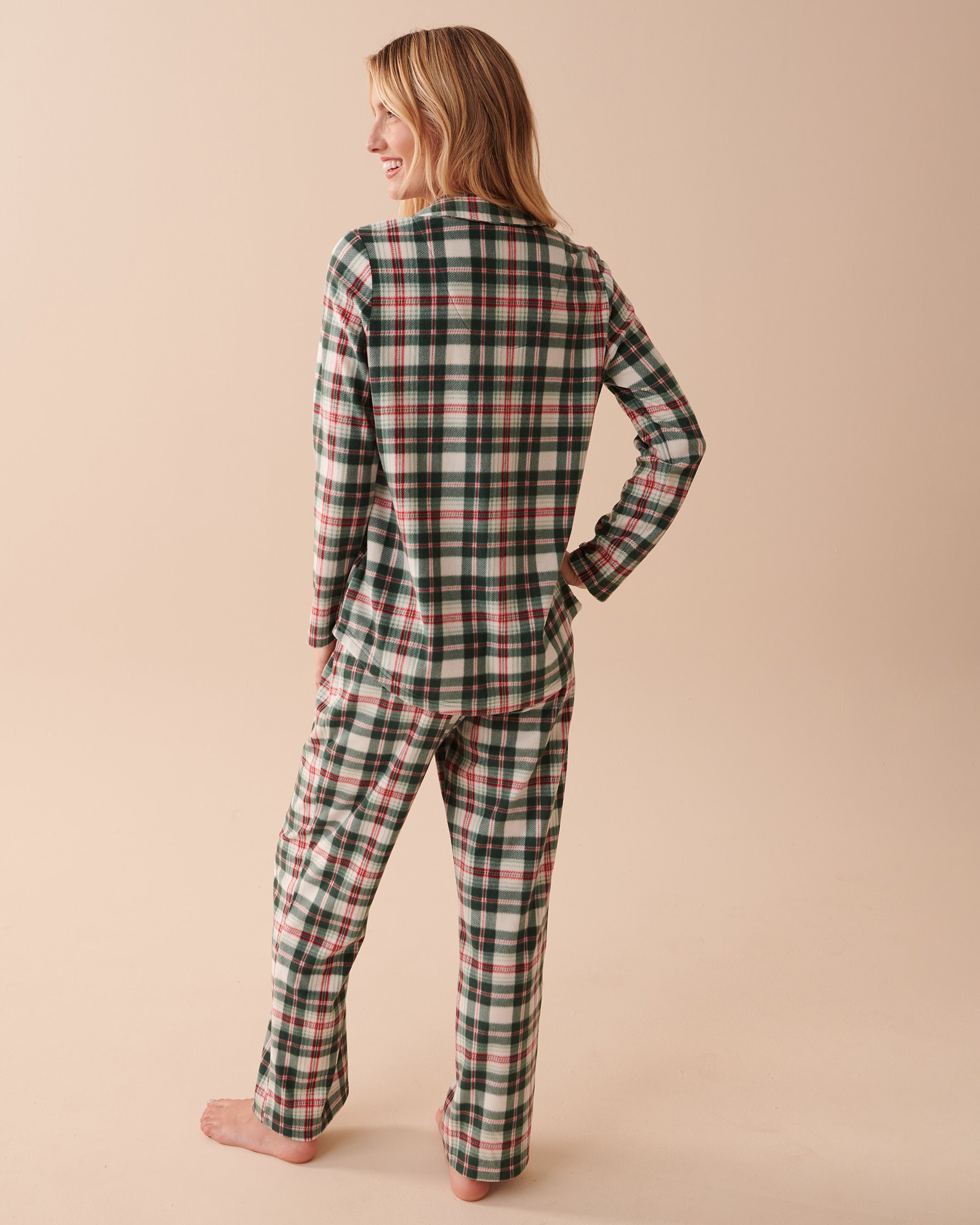 LA VIE EN ROSE Plaid Micropolar PJ Set Green and White Plaid 40400054 - View2