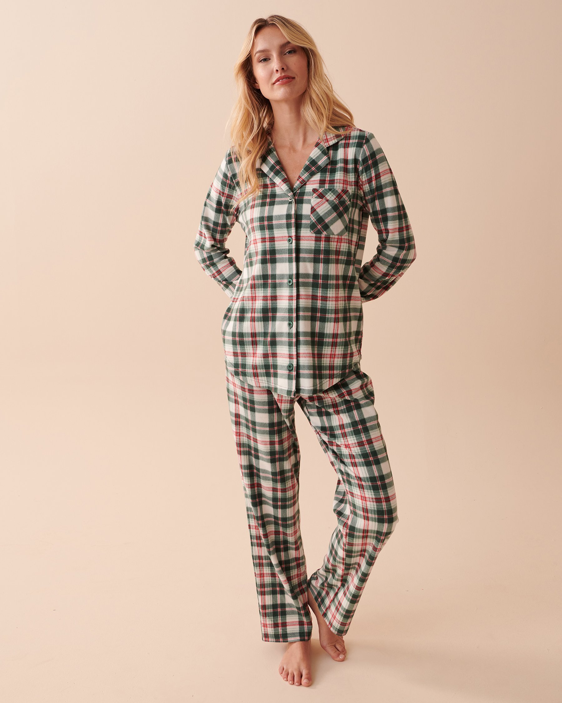 LA VIE EN ROSE Plaid Micropolar PJ Set Green and White Plaid 40400054 - View3