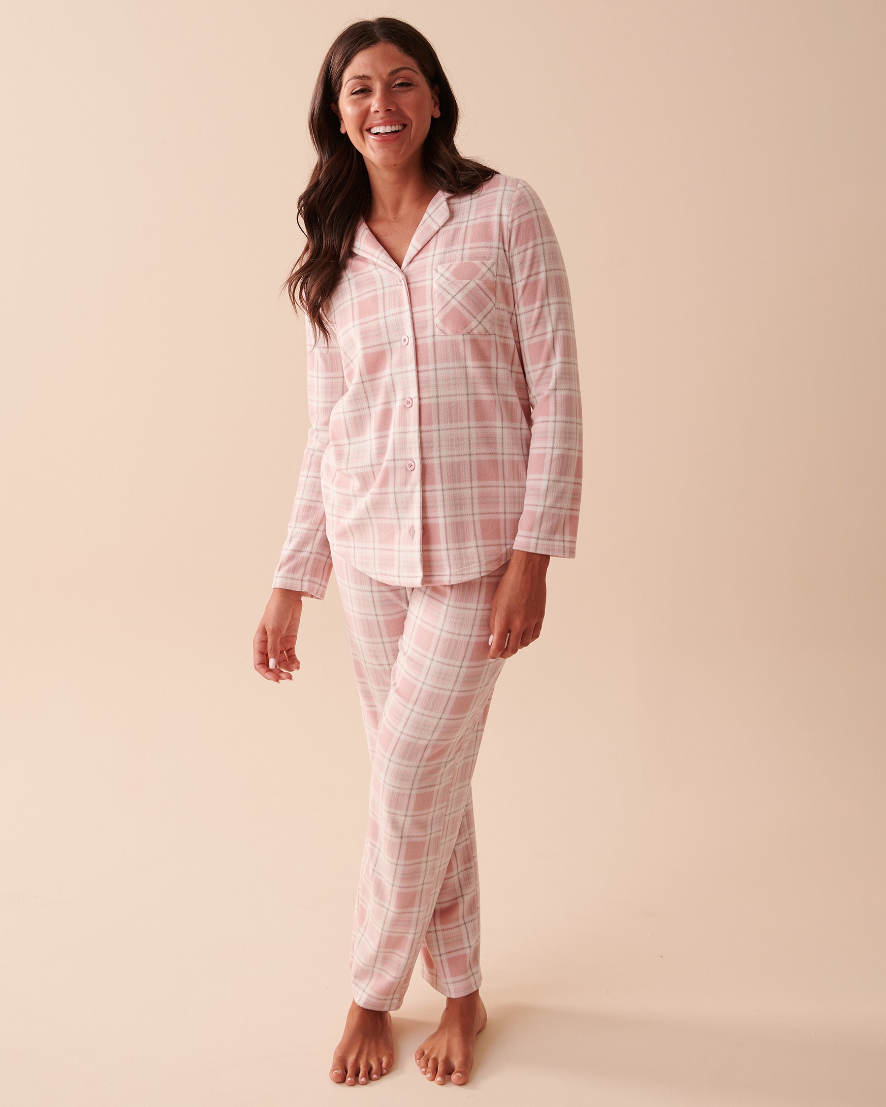 LA VIE EN ROSE Plaid Micropolar PJ Set Pink Plaid 40400054 - View1