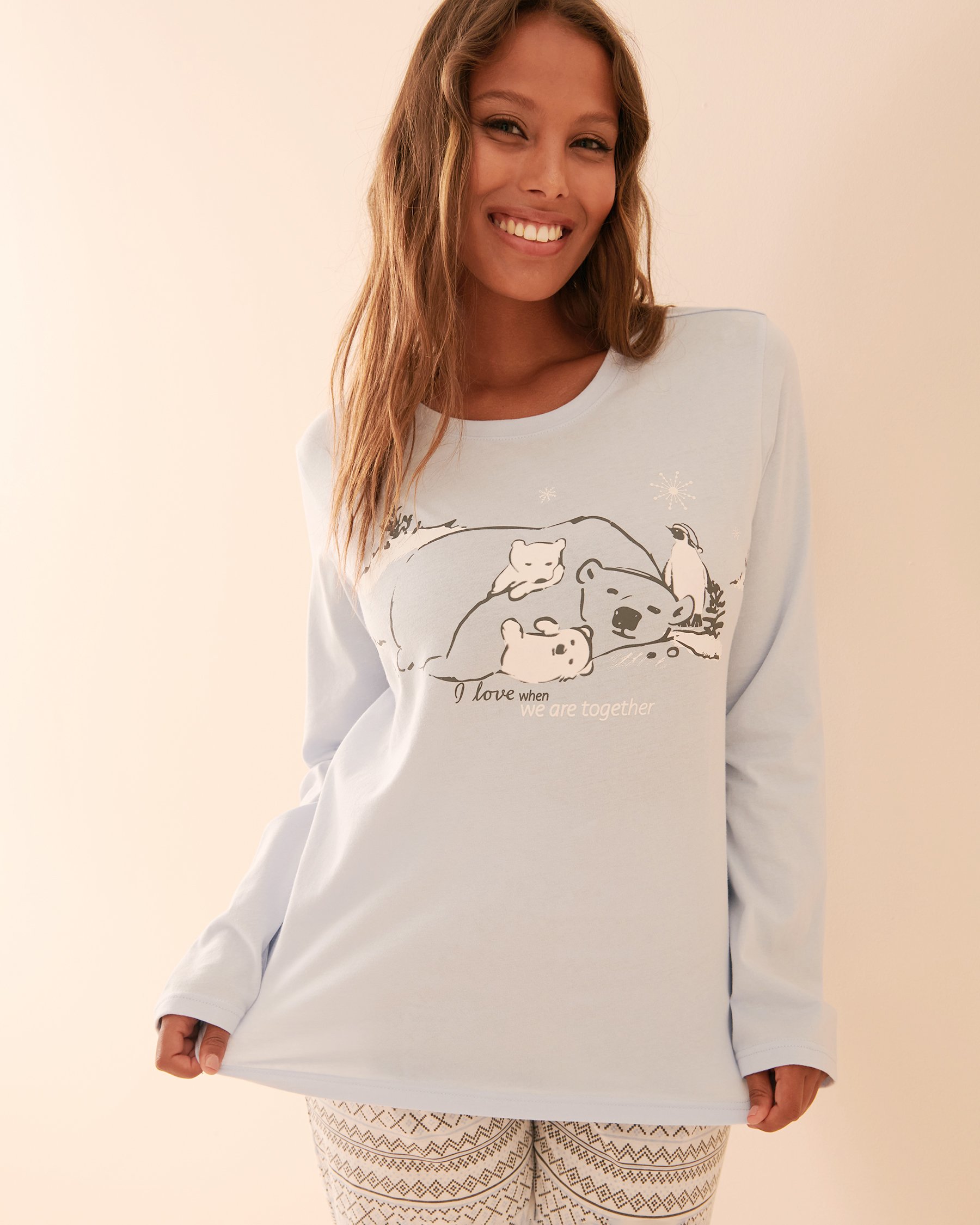 LA VIE EN ROSE Ensemble pyjama en coton imprimé nordique Imprimé nordique gris et bleu 40400057 - Voir3