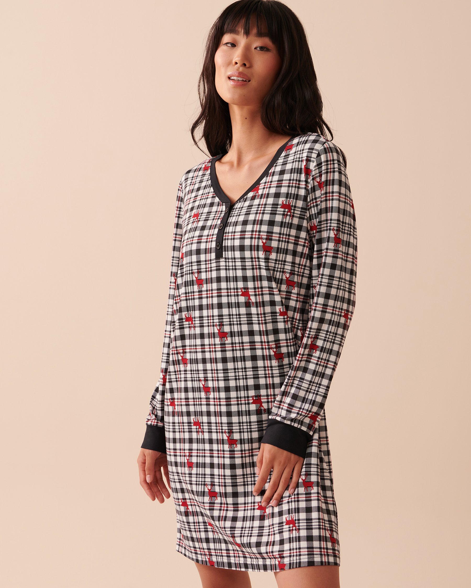 LA VIE EN ROSE Deer Print Super Soft Long Sleeve Sleepshirt Red Deer Plaid 40500311 - View1