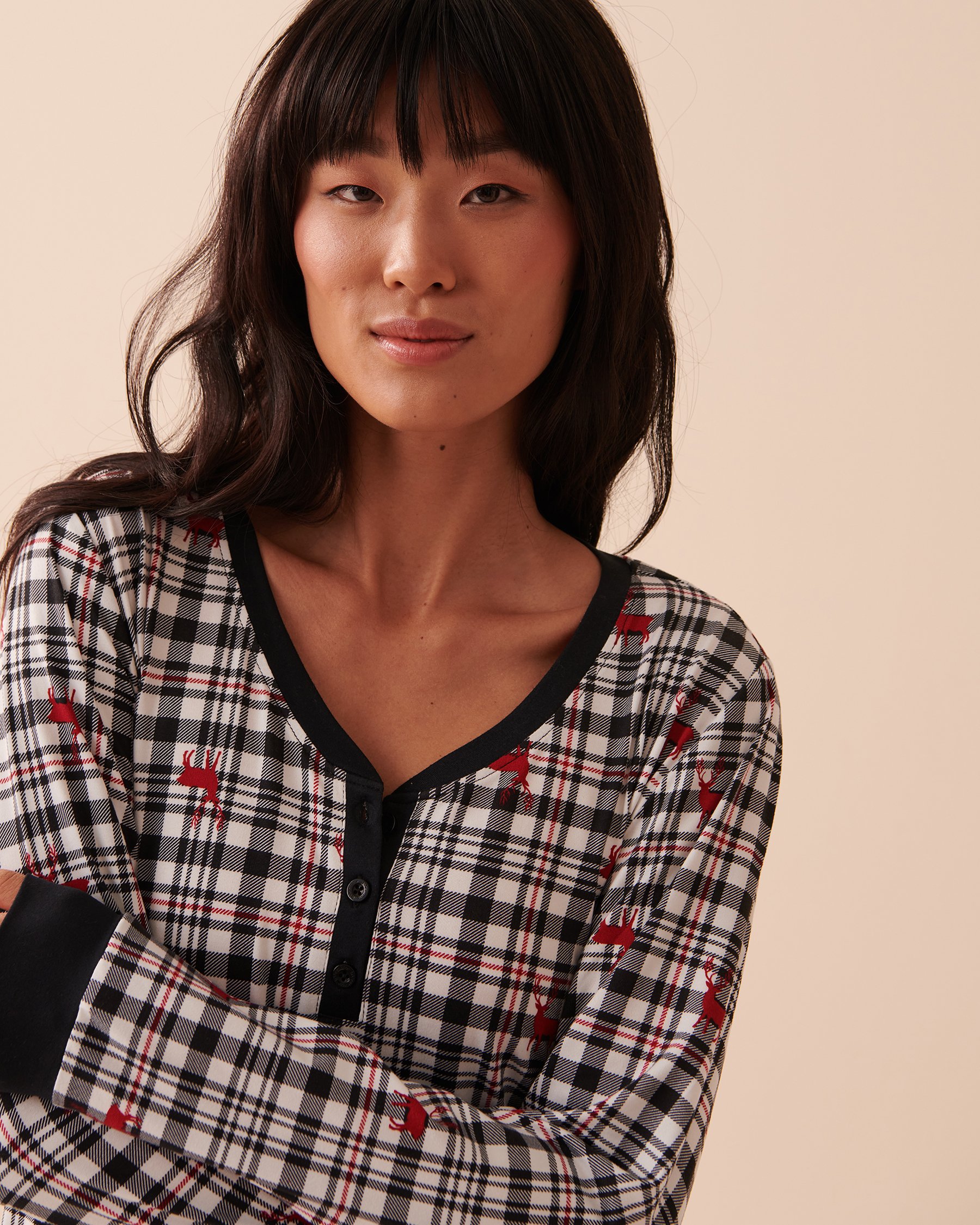 LA VIE EN ROSE Deer Print Super Soft Long Sleeve Sleepshirt Red Deer Plaid 40500311 - View3