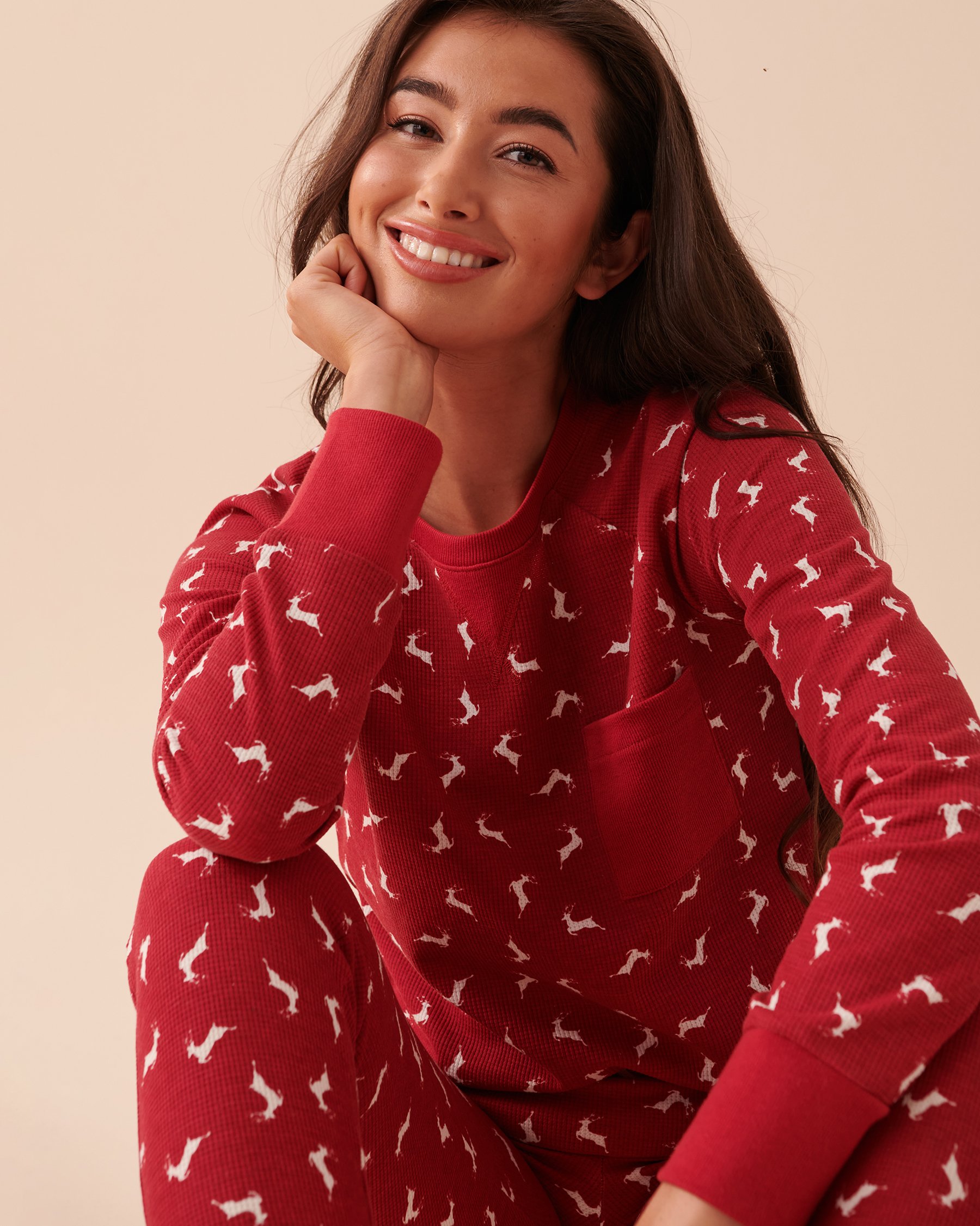 LA VIE EN ROSE Animal Waffle Knit PJ Set Red Deer 40400059 - View1