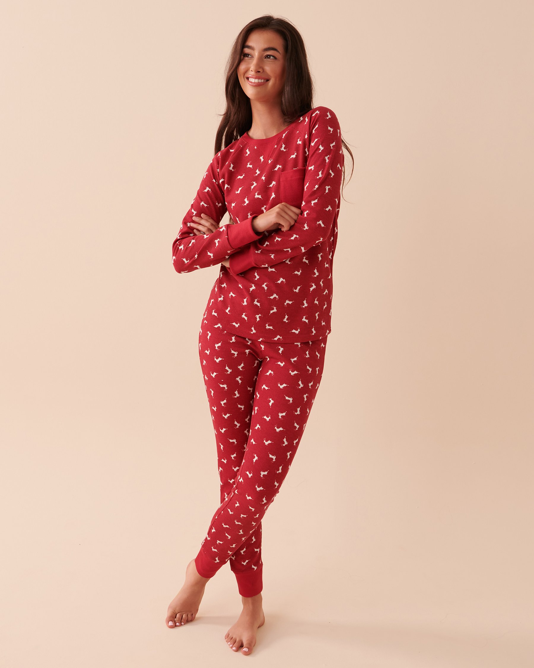 LA VIE EN ROSE Animal Waffle Knit PJ Set Red Deer 40400059 - View3