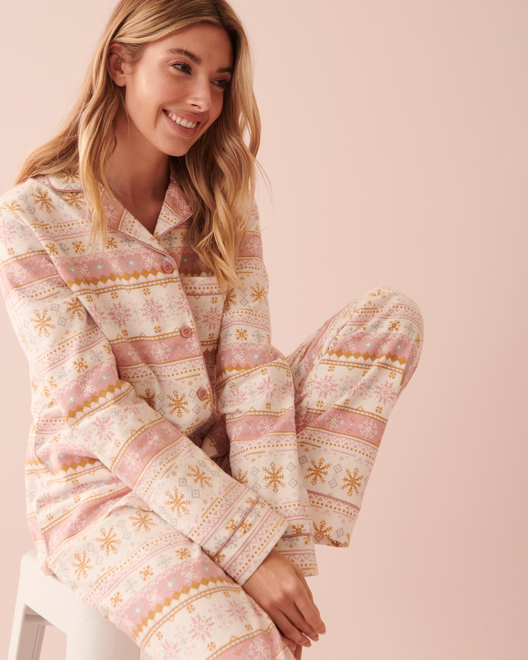 LA VIE EN ROSE Ensemble pyjama en flanelle imprimé nordique Imprimé nordique rose pâle 40400055 - View1