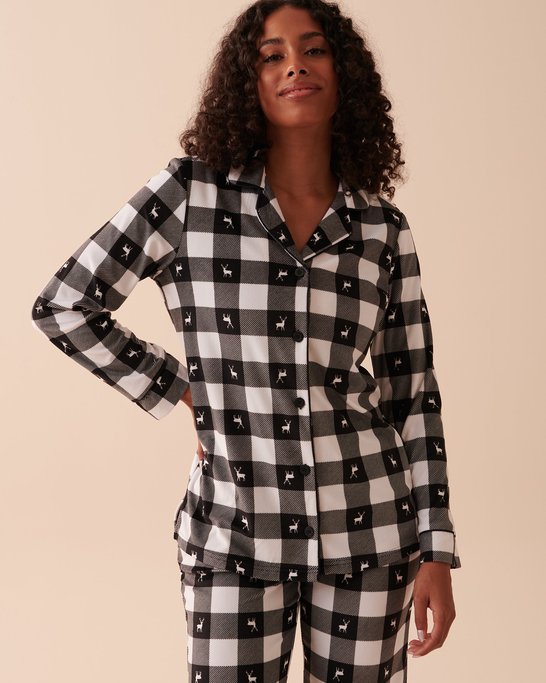 LA VIE EN ROSE Luxury Velour Long Sleeve Button-down Shirt Deer Plaid 40100494 - View1