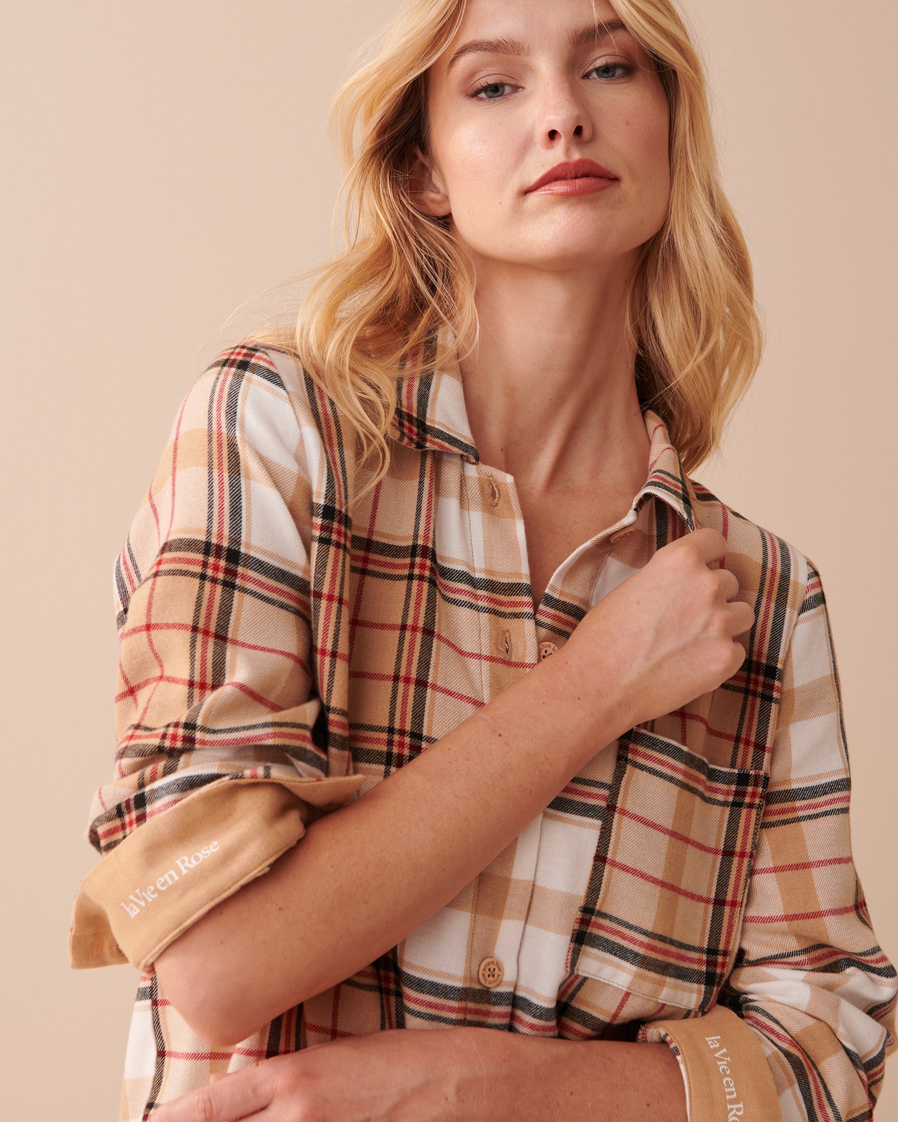 LA VIE EN ROSE Plaid Button-down Sleepshirt Caramel Plaid 40500308 - View3