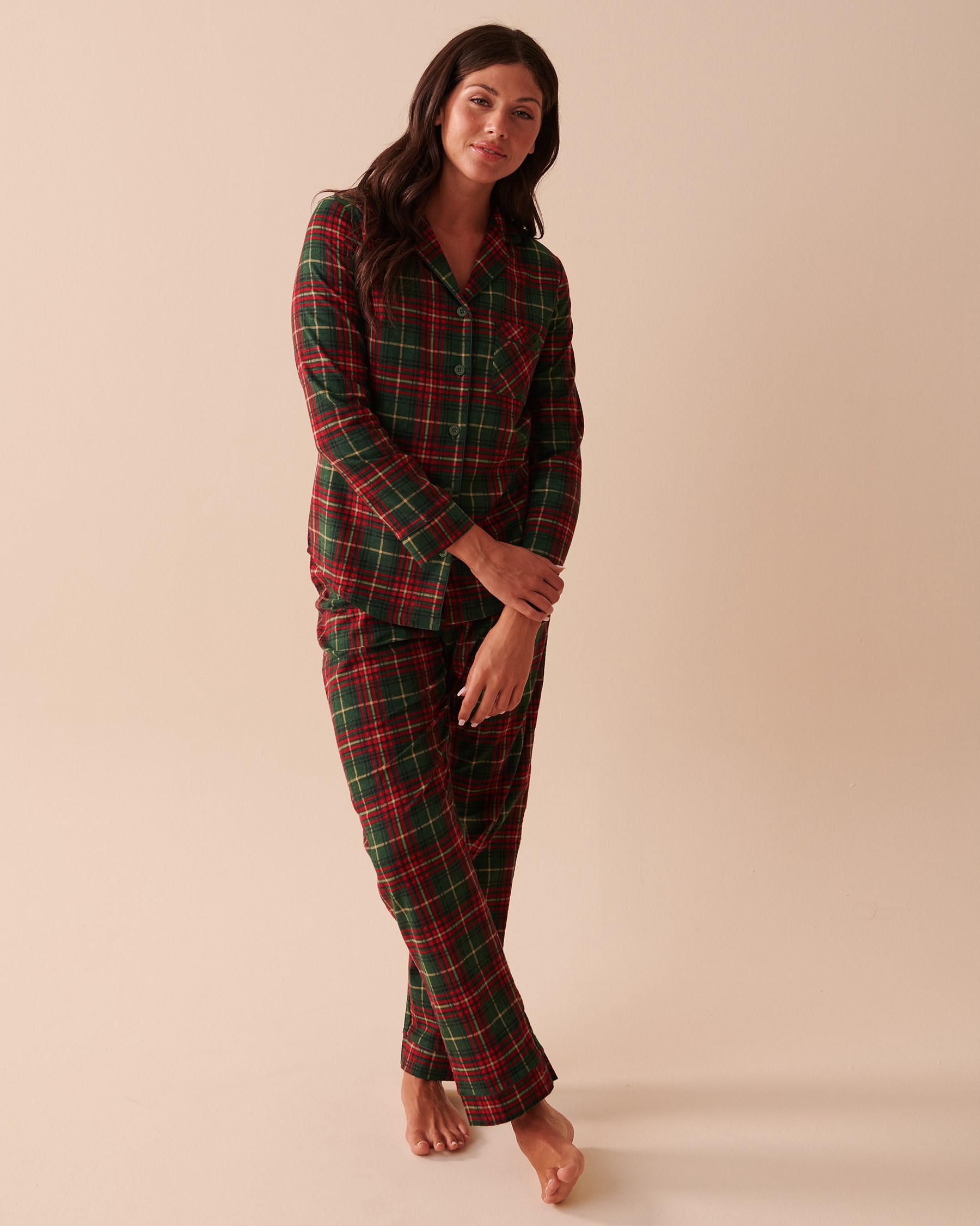 LA VIE EN ROSE Plaid Flannel PJ Set Crimson Green Plaid 40400055 - View1