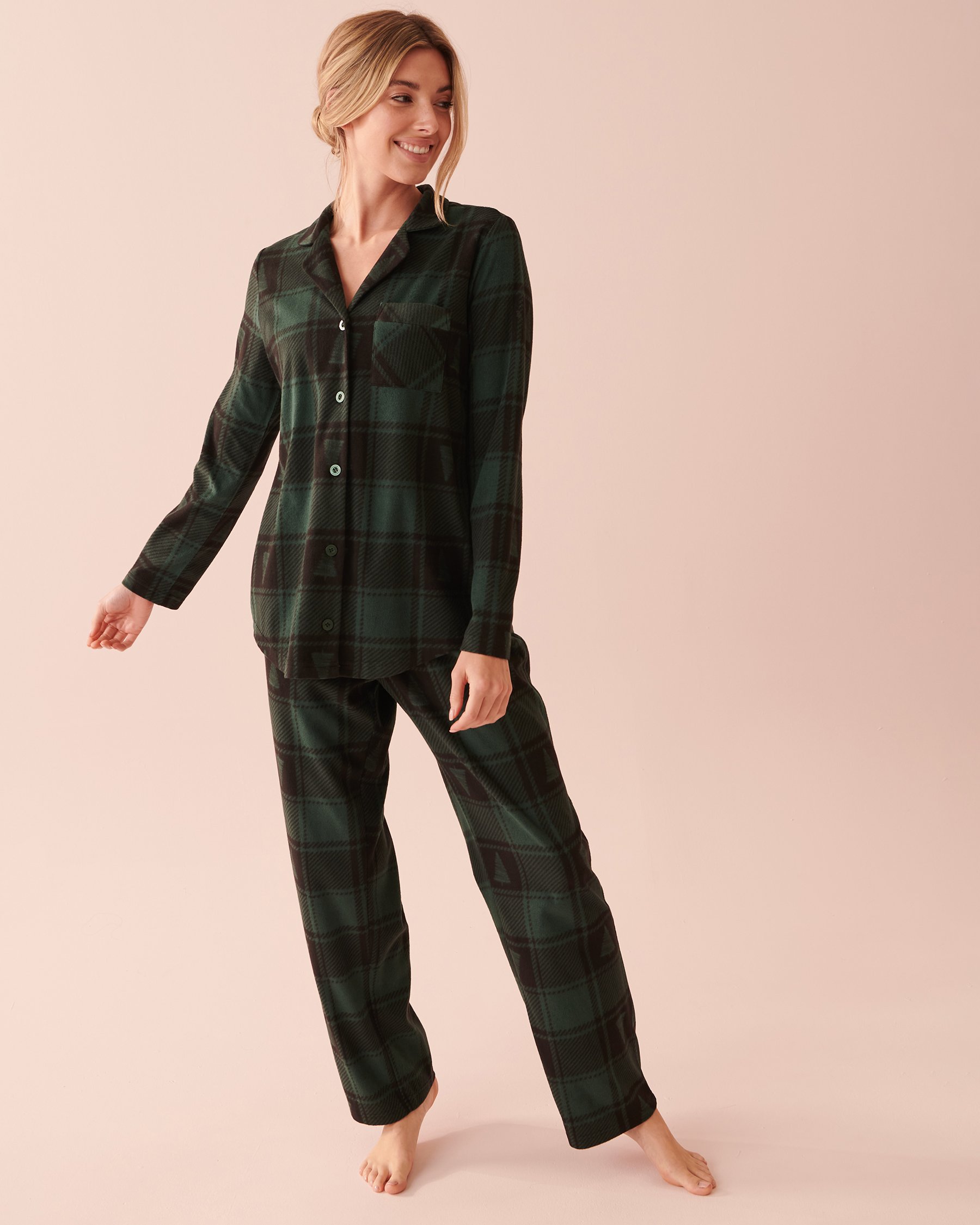 LA VIE EN ROSE Plaid Micropolar PJ Set Evergreen Plaid 40400054 - View5